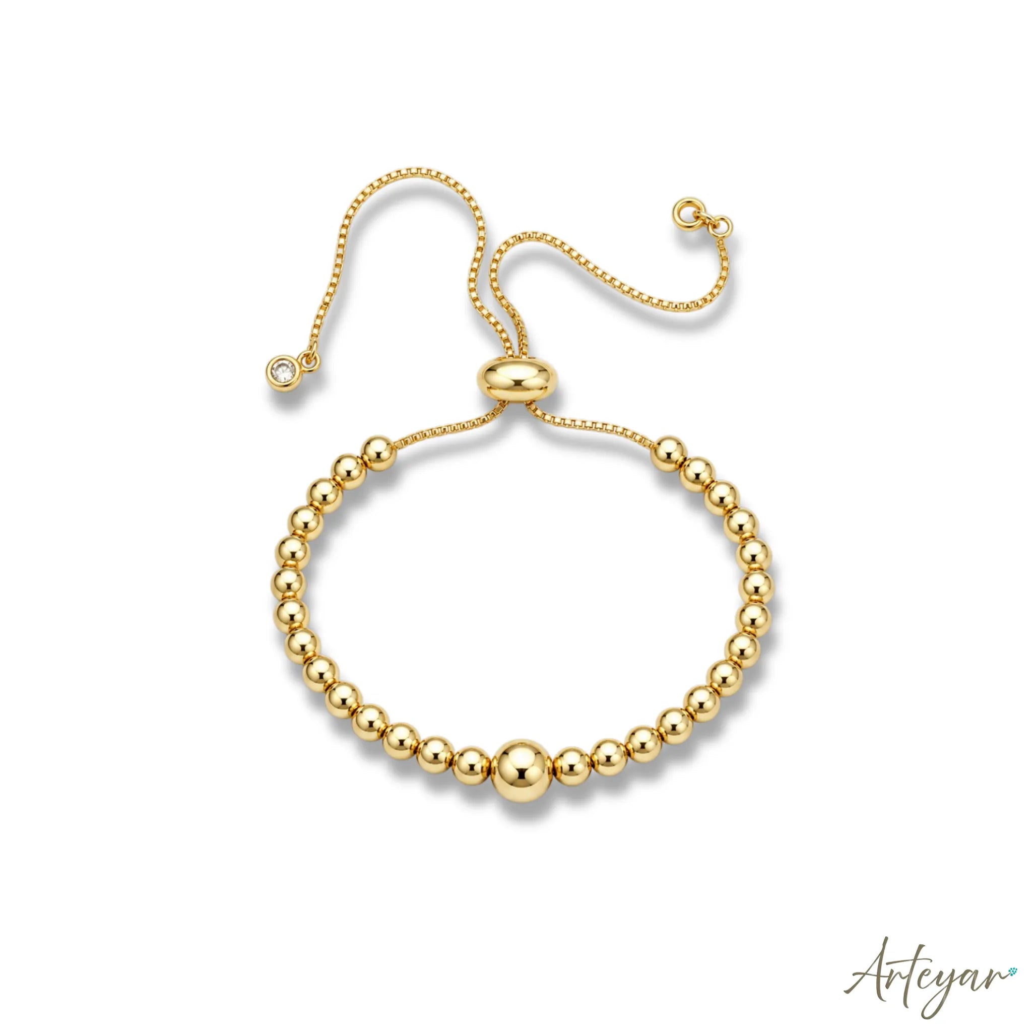 Elegant Golden Beaded Bracelet with an Adjustable Sliding Clasp, Lien Design by Arteyar, Polished and Versatile Jewelry, Ideal for Solo Wear or Stacking.