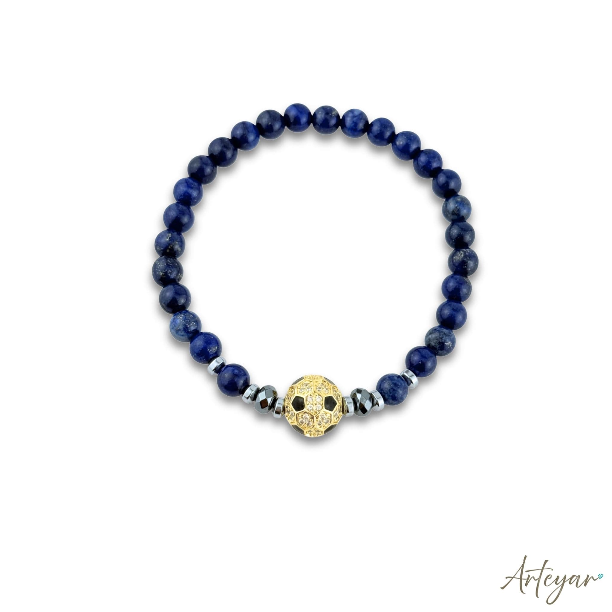 Elegant Lapis Lazuli Stretch Bracelet with a Golden Crystal-Inlaid Soccer Ball Charm, Miami Soccer Design by Arteyar, Sophisticated Sporty Jewelry for Soccer Fans.