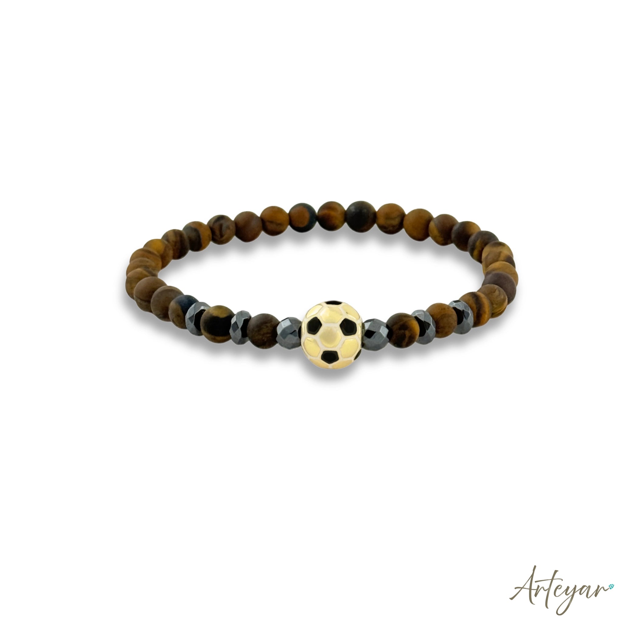 Matte Tiger's Eye Bracelet with a Golden Soccer Ball Charm and Hematite Accents, Sedona Soccer Design by Arteyar, Combines Natural Stone Elegance with Sporty Flair.