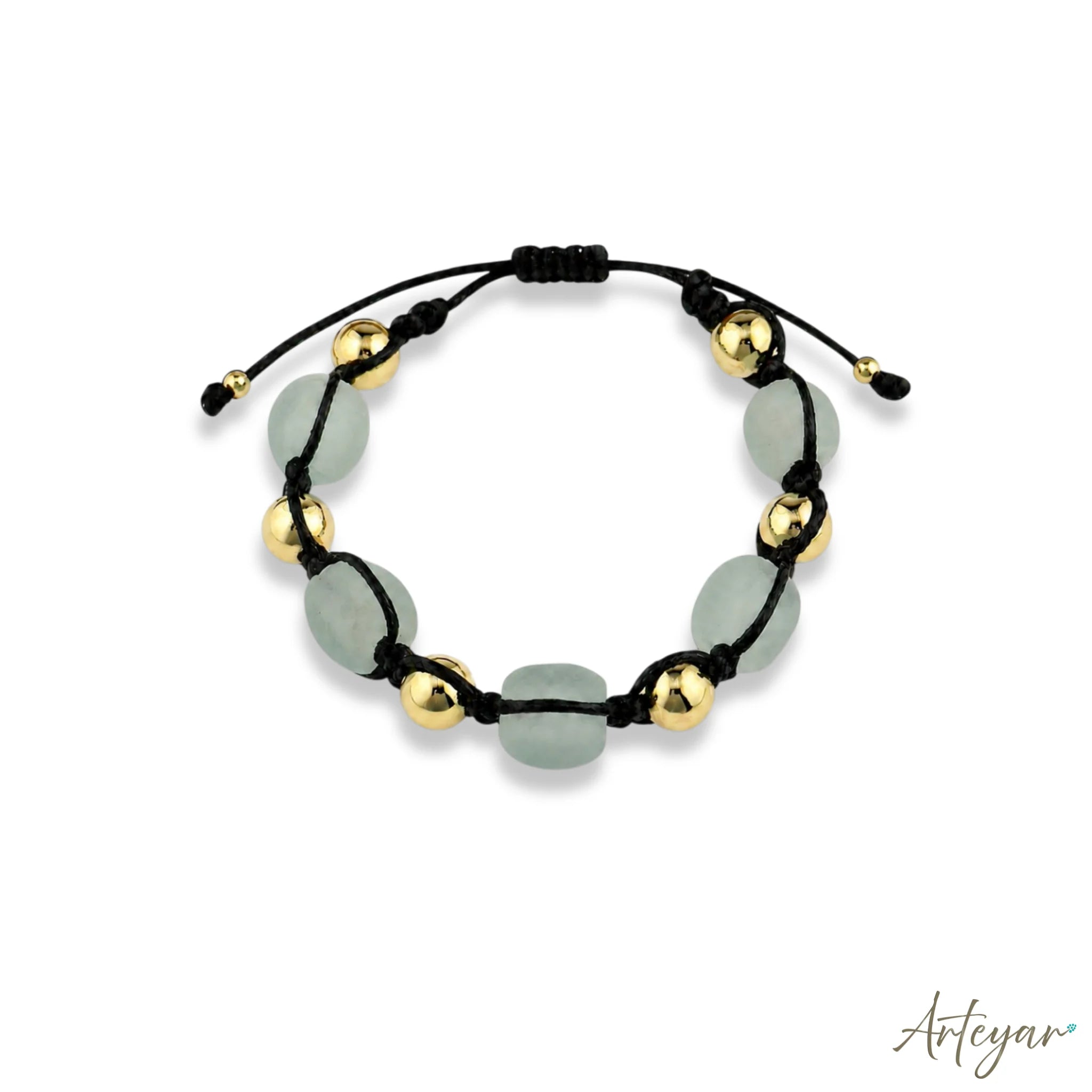 Elegant Unisex Bracelet with Mint Green Ganha Beads and Golden Accents on a Black Cord, Menta Design by Arteyar, Modern and Sophisticated Adjustable Jewelry for Everyday Wear.