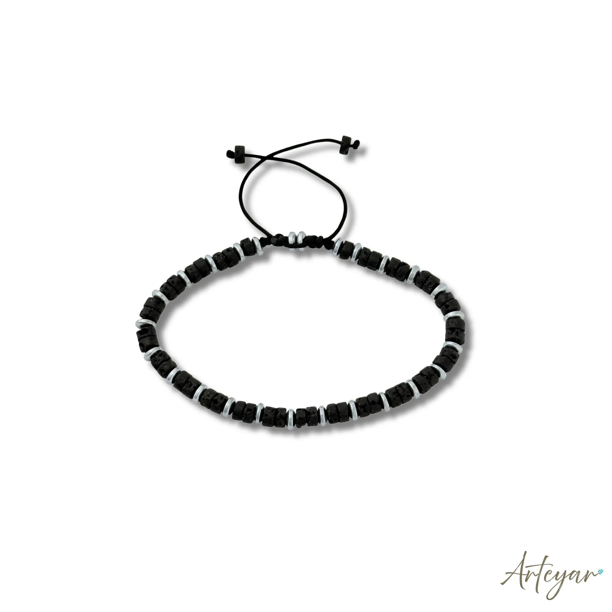 Unisex Volcanic Stone and Hematite Bracelet with Black Beads, Nero Design by Arteyar, Minimalist Modern Jewelry with Adjustable Cord, Elegant and Strong Accessory.