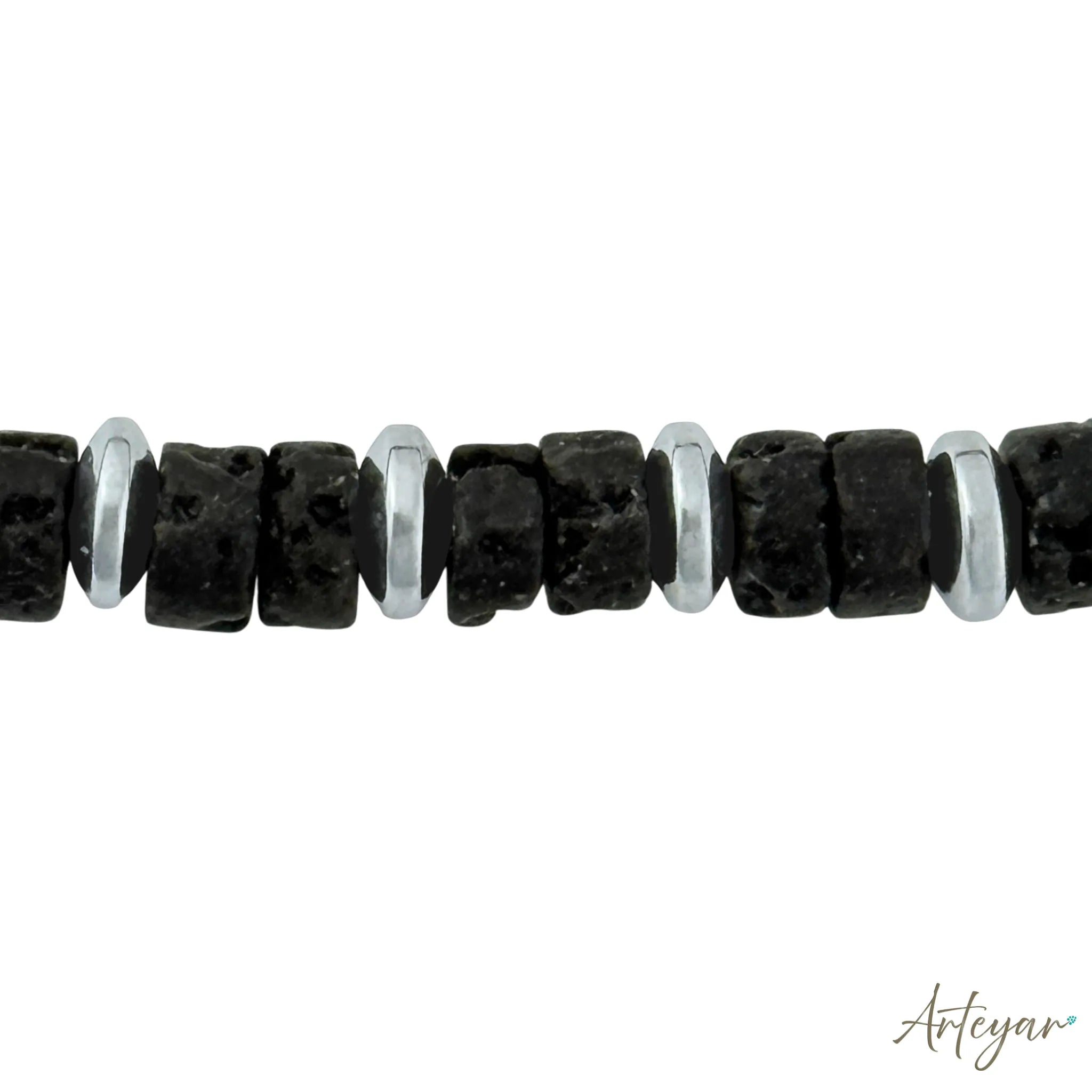 Unisex Volcanic Stone and Hematite Bracelet with Black Beads, Nero Design by Arteyar, Minimalist Modern Jewelry with Adjustable Cord, Elegant and Strong Accessory.