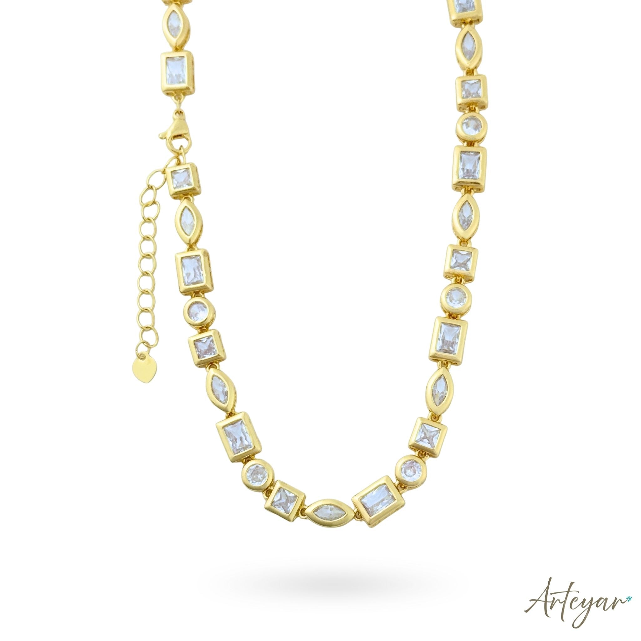 Gold-Plated Necklace with Rectangular, Oval and Circular Crystal Links for Women, Luz Design by Arteyar, Elegant Jewelry for Special Occasions.