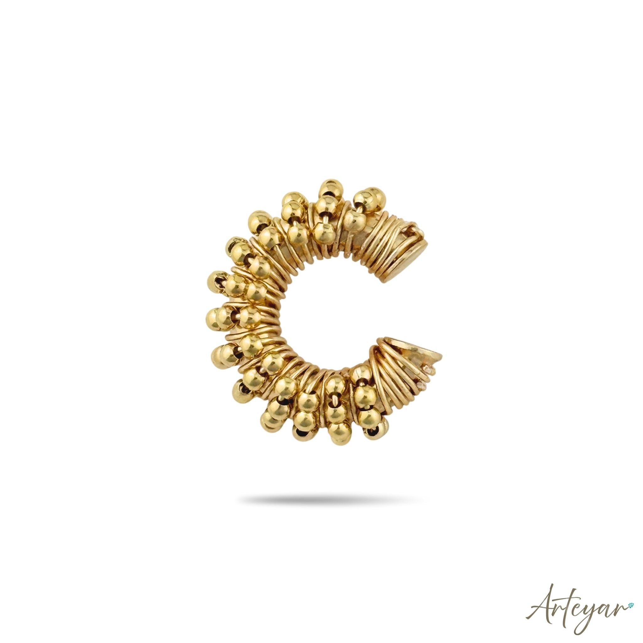 Elegant Golden Ear Cuff with Matching Golden Beads on an Artisan Coiled Wire Structure, Orbit Design by Arteyar, Sophisticated Pierce-Free Jewelry with Monochromatic Golden Luxury.