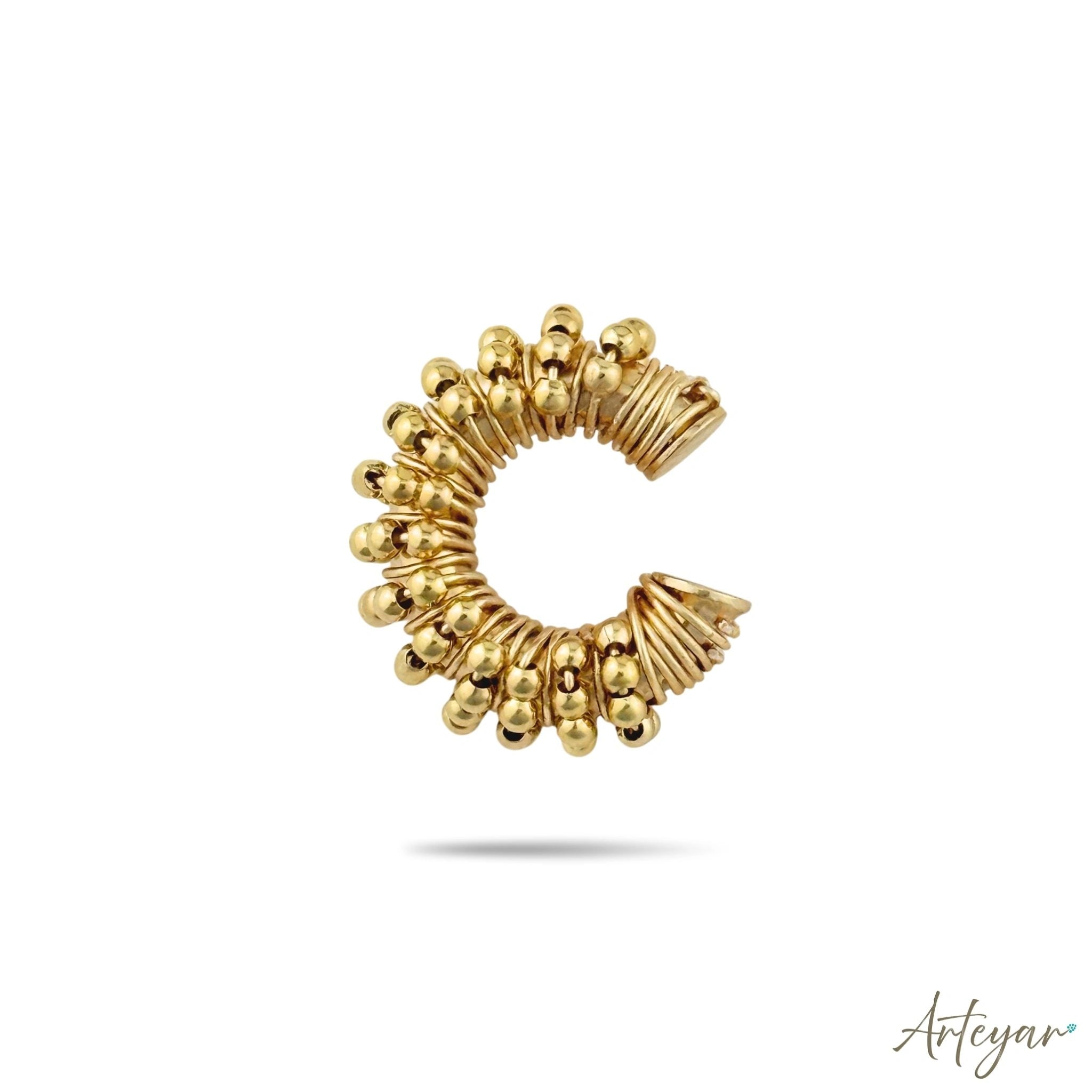 Elegant Golden Ear Cuff with Matching Golden Beads on an Artisan Coiled Wire Structure, Orbit Design by Arteyar, Sophisticated Pierce-Free Jewelry with Monochromatic Golden Luxury.