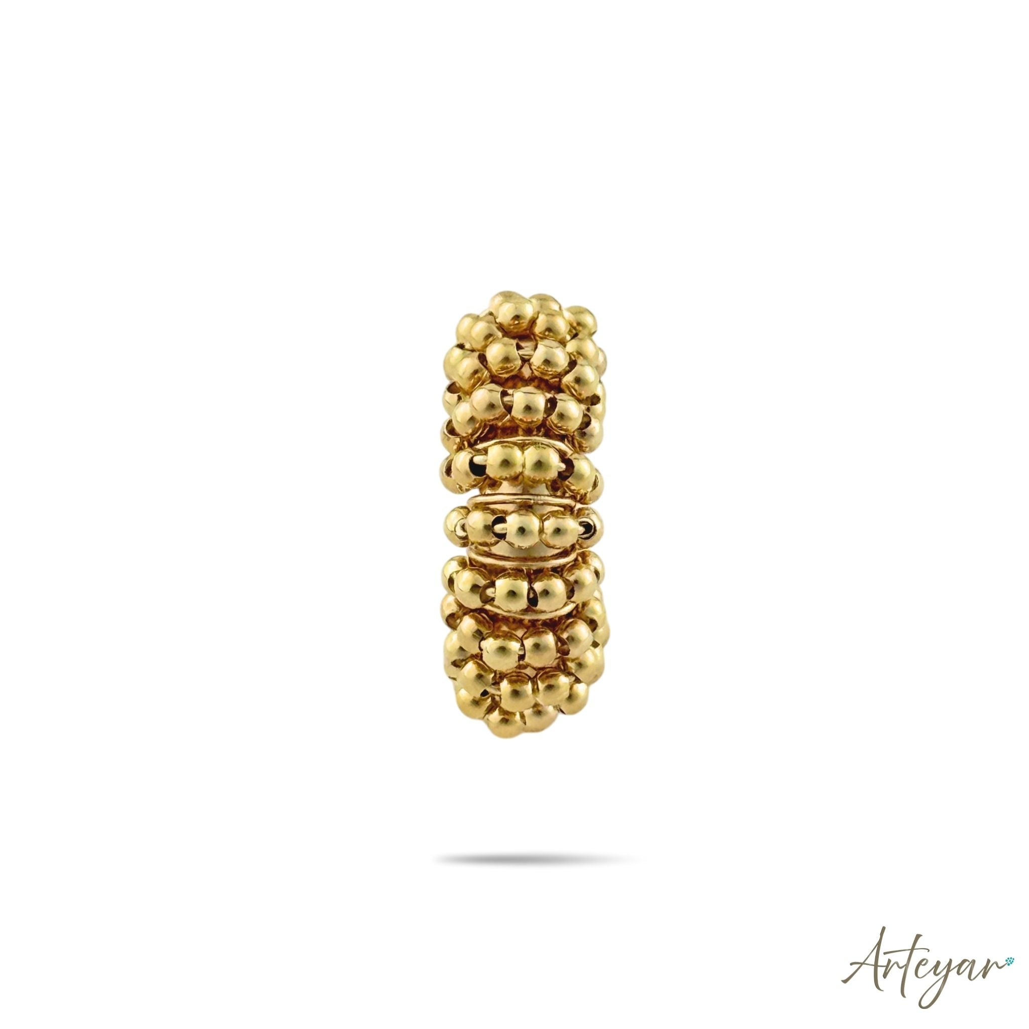 Elegant Golden Ear Cuff with Matching Golden Beads on an Artisan Coiled Wire Structure, Orbit Design by Arteyar, Sophisticated Pierce-Free Jewelry with Monochromatic Golden Luxury.