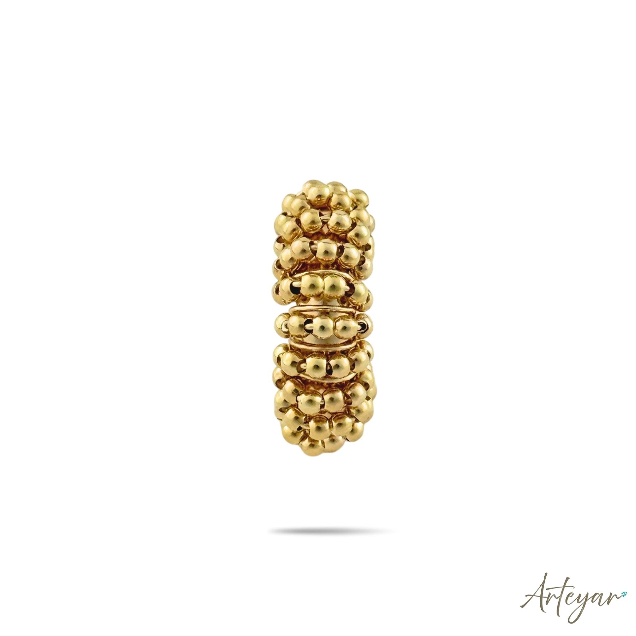 Elegant Golden Ear Cuff with Matching Golden Beads on an Artisan Coiled Wire Structure, Orbit Design by Arteyar, Sophisticated Pierce-Free Jewelry with Monochromatic Golden Luxury.