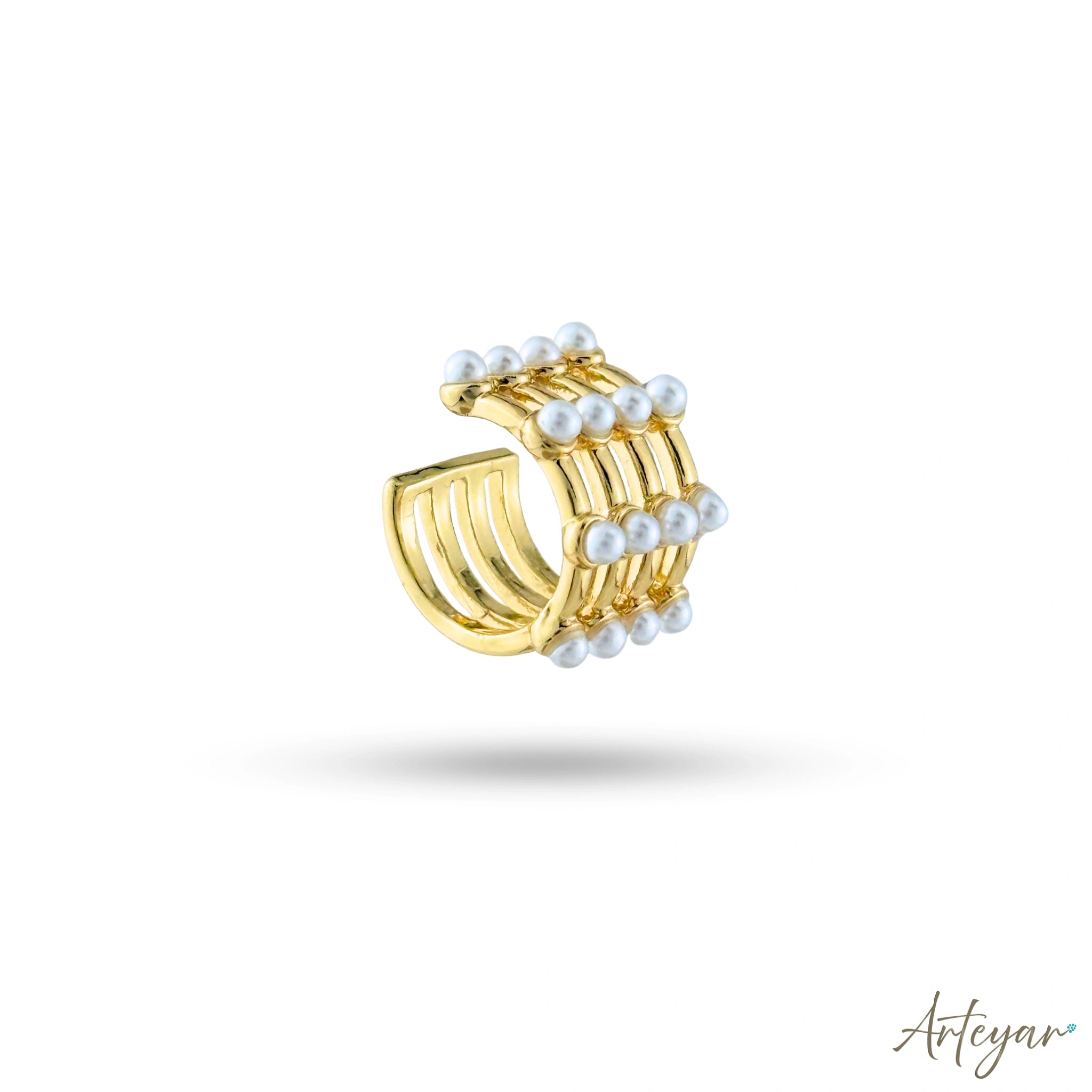 Gold Ear Cuff with Multiple Bands and White Pearls for Women, Calista Design by Arteyar, Modern Non-Piercing Jewelry with Avant-Garde Elegance.