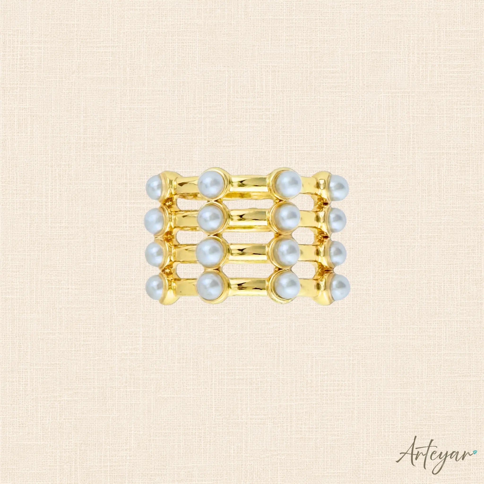 Gold Ear Cuff with Multiple Bands and White Pearls for Women, Calista Design by Arteyar, Modern Non-Piercing Jewelry with Avant-Garde Elegance.