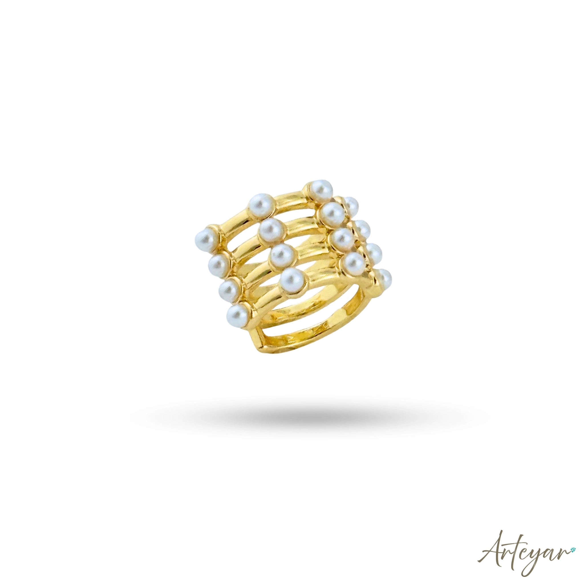 Gold Ear Cuff with Multiple Bands and White Pearls for Women, Calista Design by Arteyar, Modern Non-Piercing Jewelry with Avant-Garde Elegance.