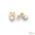 Elegant Golden Earrings with a Luminous Pearl Nestled Between Polished Criss-Cross Bars, Liai Design by Arteyar, Modern Geometric Jewelry with Timeless Elegance.