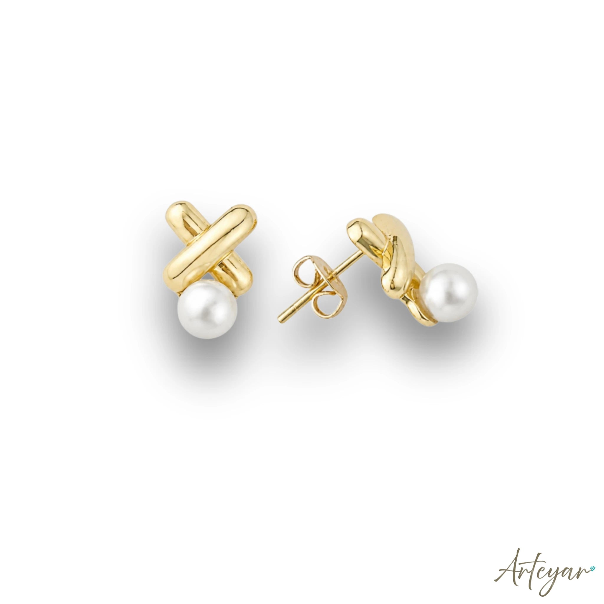 Elegant Golden Earrings with a Luminous Pearl Nestled Between Polished Criss-Cross Bars, Liai Design by Arteyar, Modern Geometric Jewelry with Timeless Elegance.