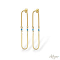 Geometric gold earrings with turquoise stones, elegant minimalist design for women by Arteyar, Sway.