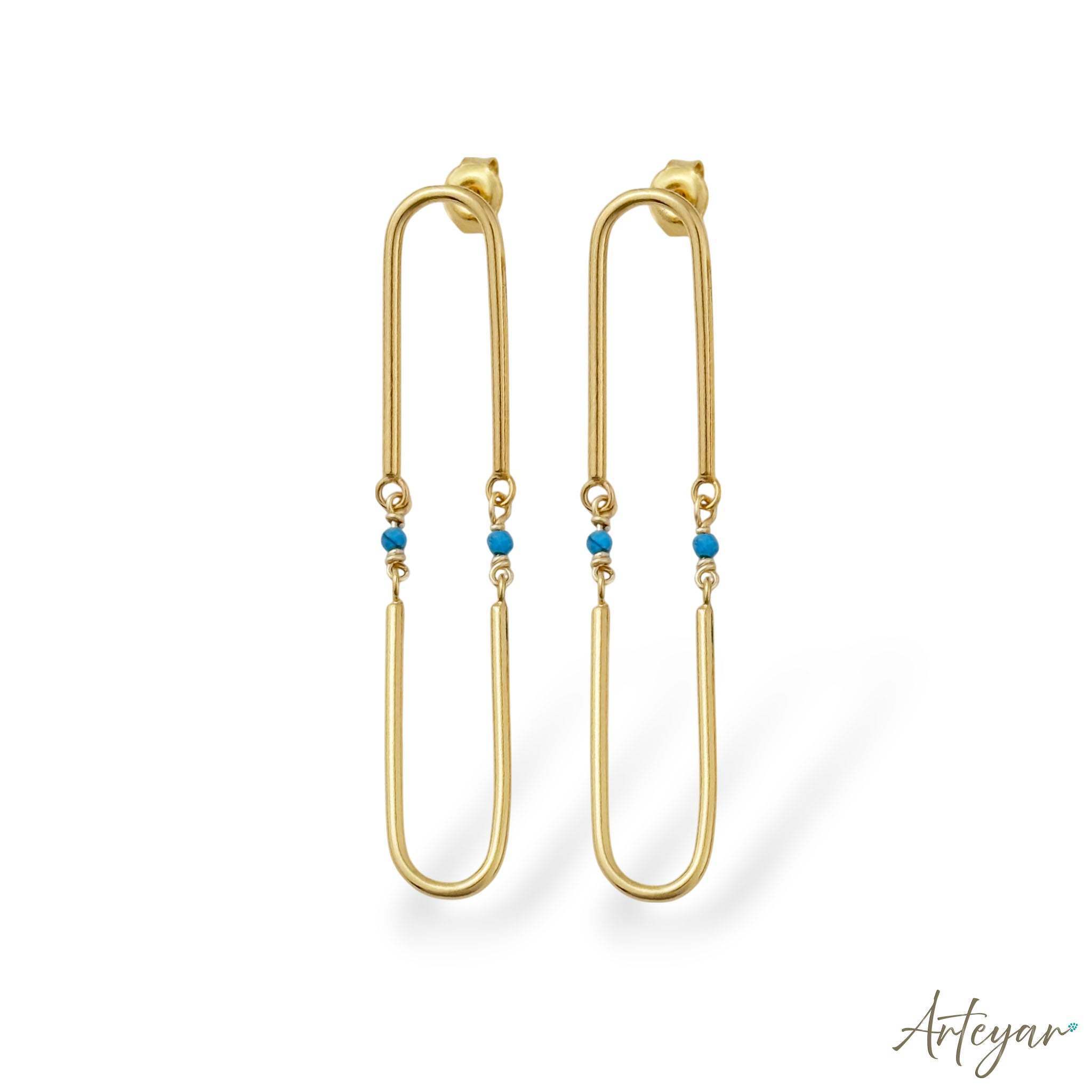 Geometric gold earrings with turquoise stones, elegant minimalist design for women by Arteyar, Sway.