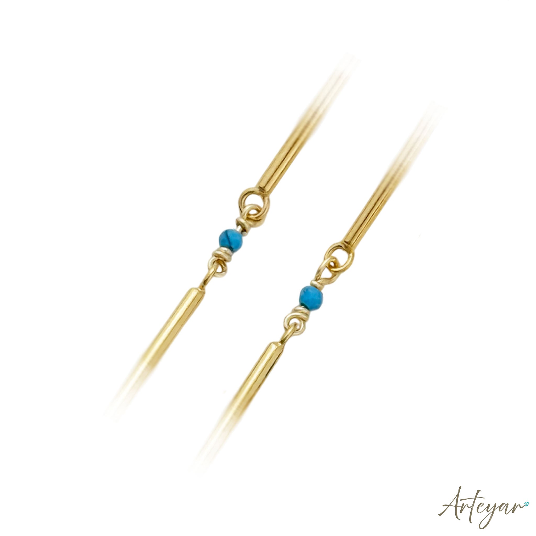 Geometric gold earrings with turquoise stones, elegant minimalist design for women by Arteyar, Sway.