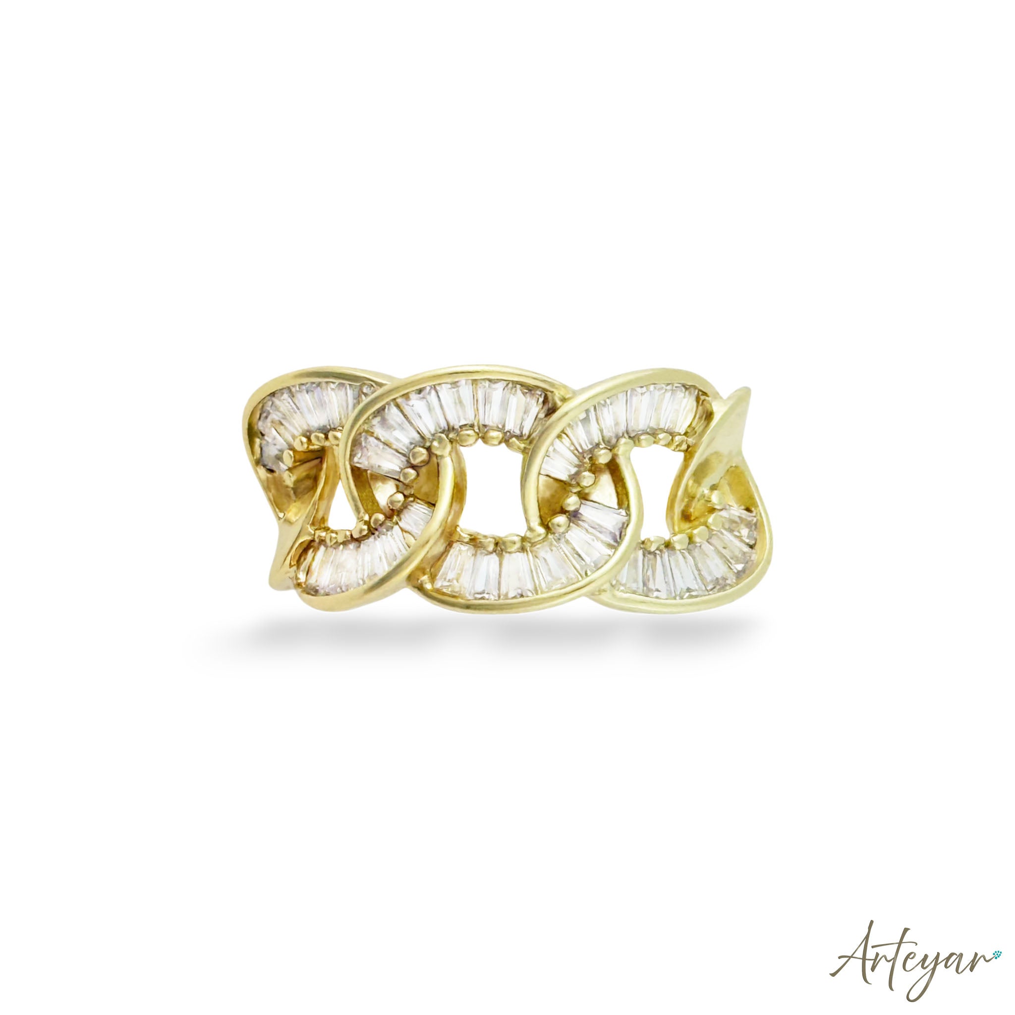 Gold-Plated Ring with Baguette Stones and Interlinked Structure, Cherish by Arteyar, Modern and Luxurious Jewelry Design for Women.
