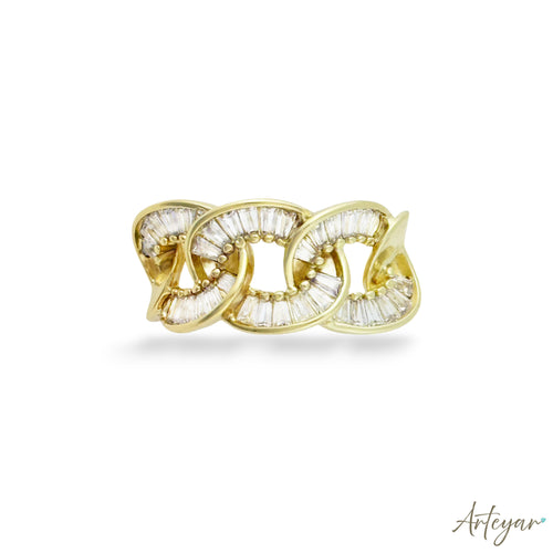 Gold-Plated Ring with Baguette Stones and Interlinked Structure, Cherish by Arteyar, Modern and Luxurious Jewelry Design for Women.