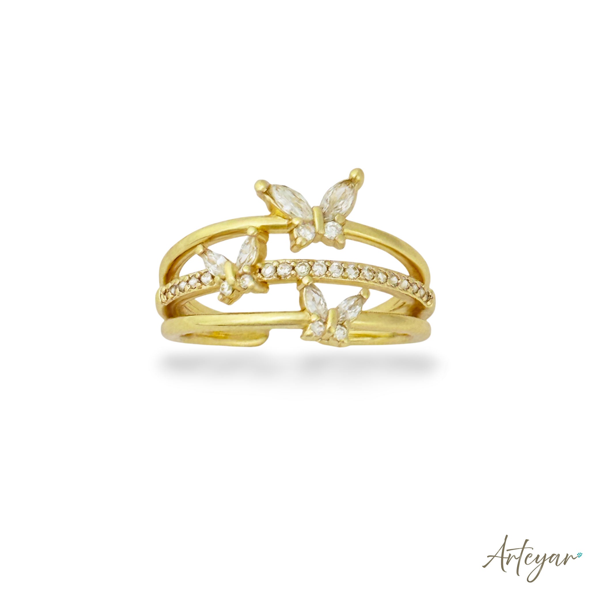 Triple Gold-Plated Ring with Butterfly Crystal Details, Flutter Light by Arteyar, Romantic and Nature-Inspired Jewelry for Women.