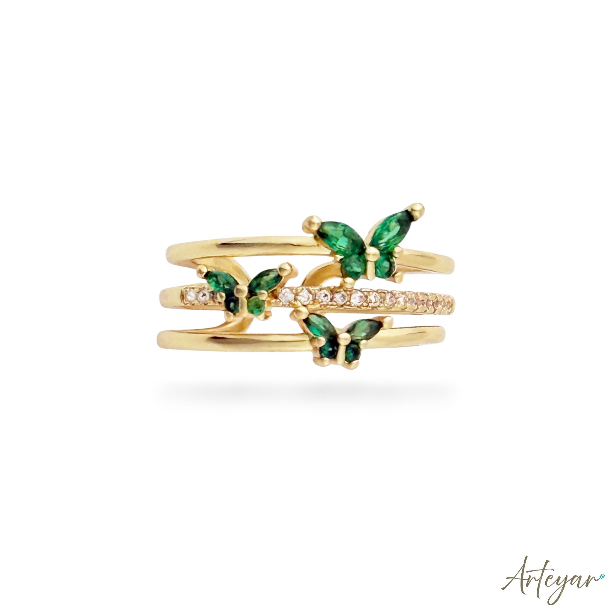 Sophisticated Gold-Plated Ring with Green Zirconia and Intertwined Bands, Flutter Green by Arteyar, Elegant Statement Jewelry for Women.