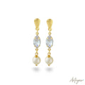 Elegant gold earrings with pearls and transparent crystals, refined and fresh design for women by Arteyar, Lira Pearl.