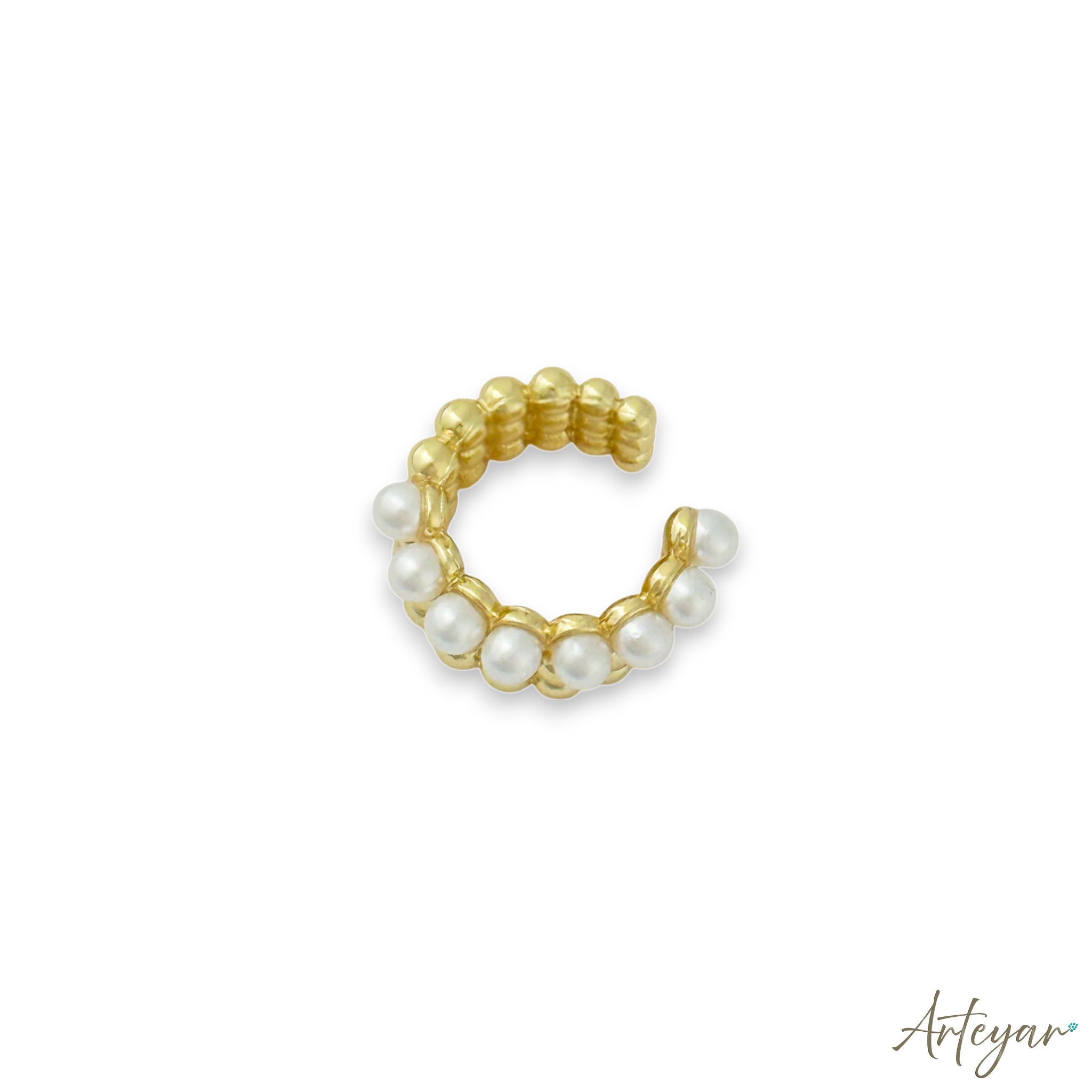 Bold Gold-Plated Ear Cuff with Golden Spheres and Pearls, Radiance by Arteyar, Elegant Statement Jewelry for Women.
