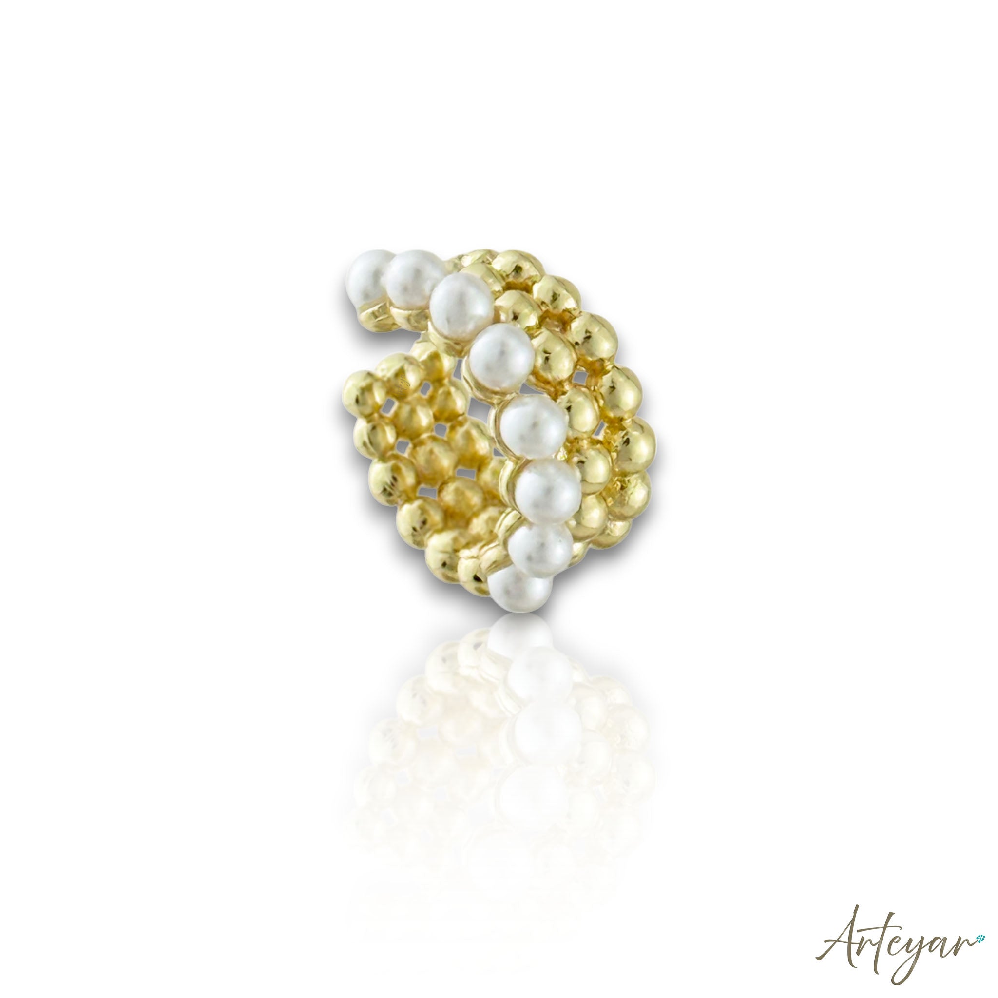 Bold Gold-Plated Ear Cuff with Golden Spheres and Pearls, Radiance by Arteyar, Elegant Statement Jewelry for Women.