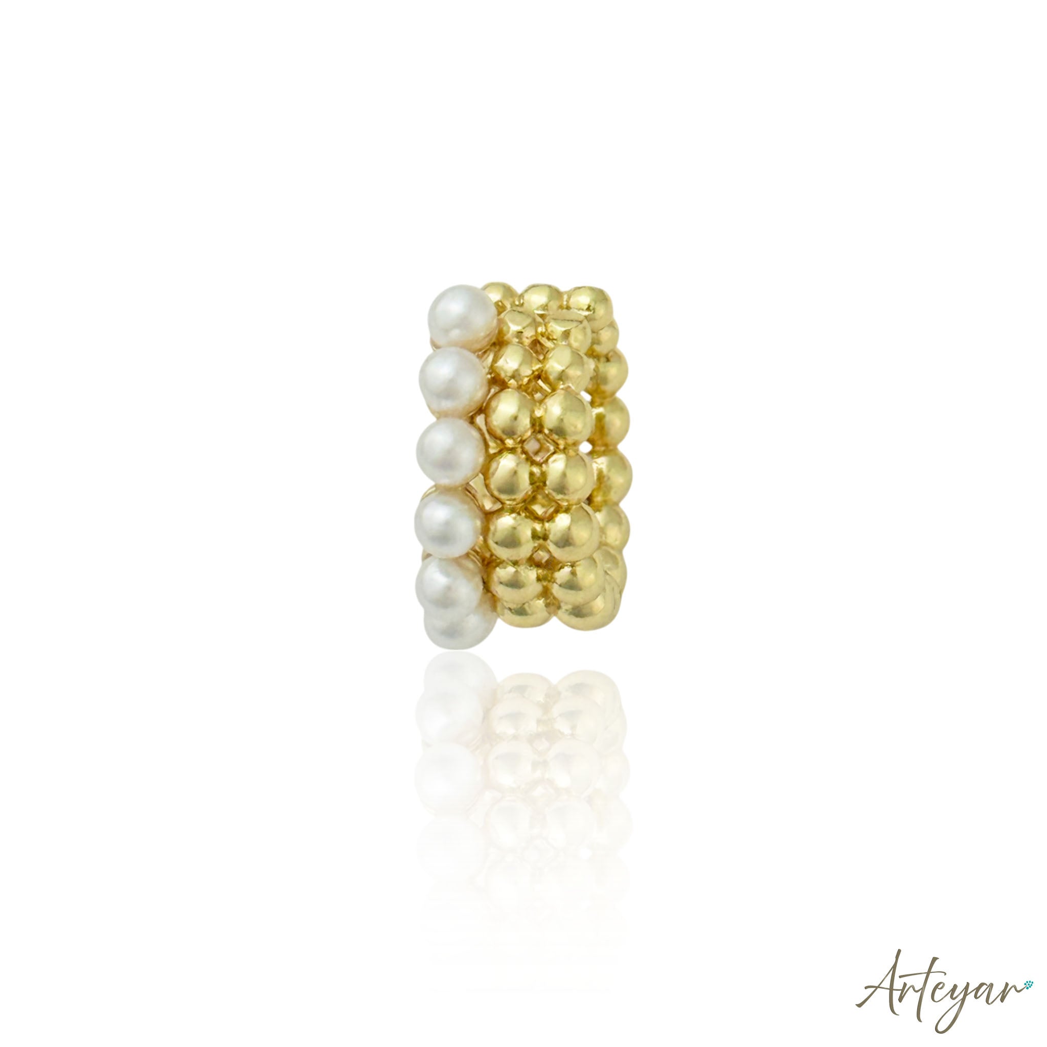Bold Gold-Plated Ear Cuff with Golden Spheres and Pearls, Radiance by Arteyar, Elegant Statement Jewelry for Women.