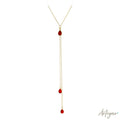 Elegant Golden Scarlet Necklace with Three Teardrop-Shaped Red Crystals, Scarlet Design by Arteyar, Minimalist and Sophisticated Jewelry Perfect for V-Necks.