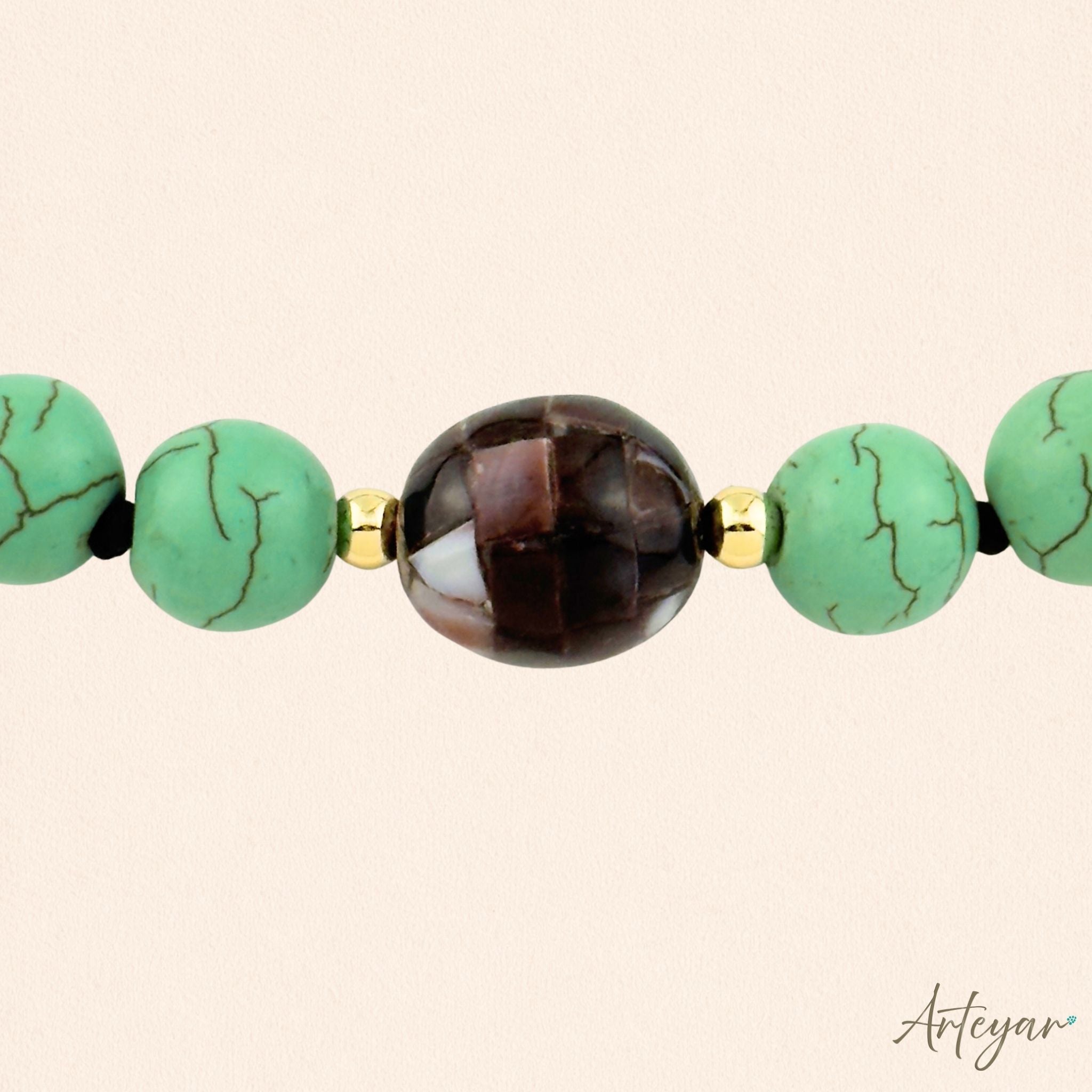 Elegant Hand-Knotted Necklace with Vibrant Green Howlite Beads and a Pearlescent Centerpiece, Gaia Green Design by Arteyar, Modern and Sophisticated Adjustable Jewelry.