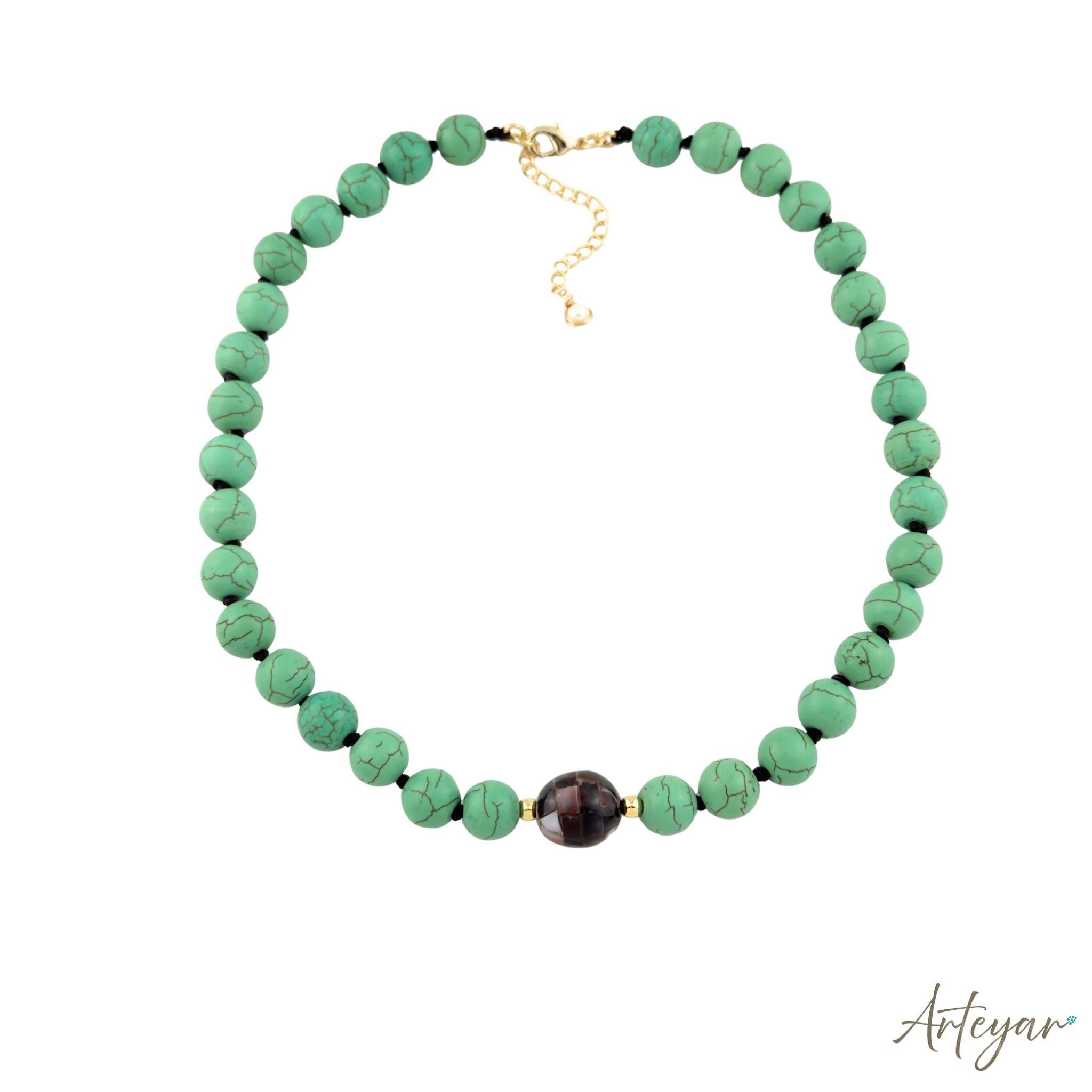 Elegant Hand-Knotted Necklace with Vibrant Green Howlite Beads and a Pearlescent Centerpiece, Gaia Green Design by Arteyar, Modern and Sophisticated Adjustable Jewelry.