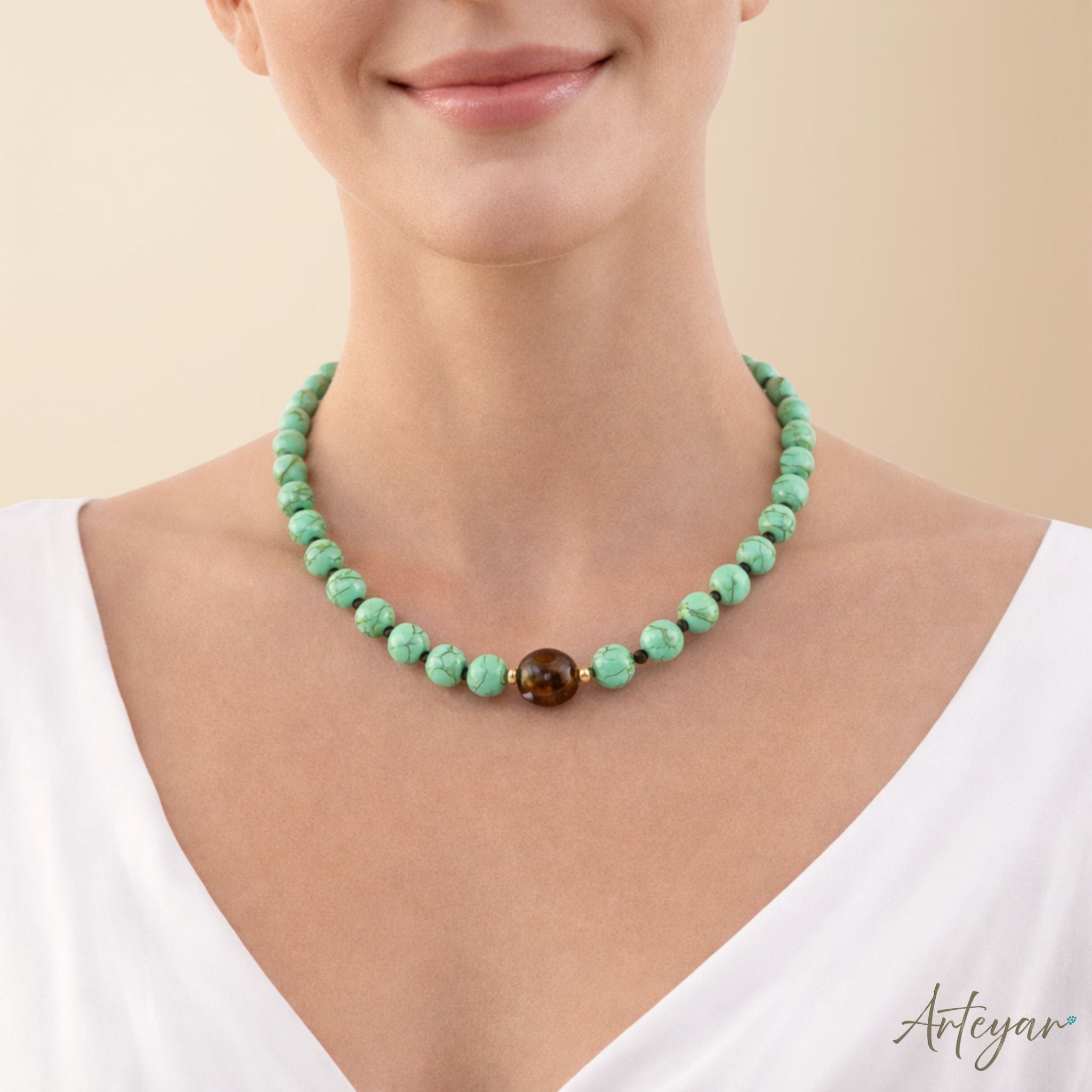 Elegant Hand-Knotted Necklace with Vibrant Green Howlite Beads and a Pearlescent Centerpiece, Gaia Green Design by Arteyar, Modern and Sophisticated Adjustable Jewelry.