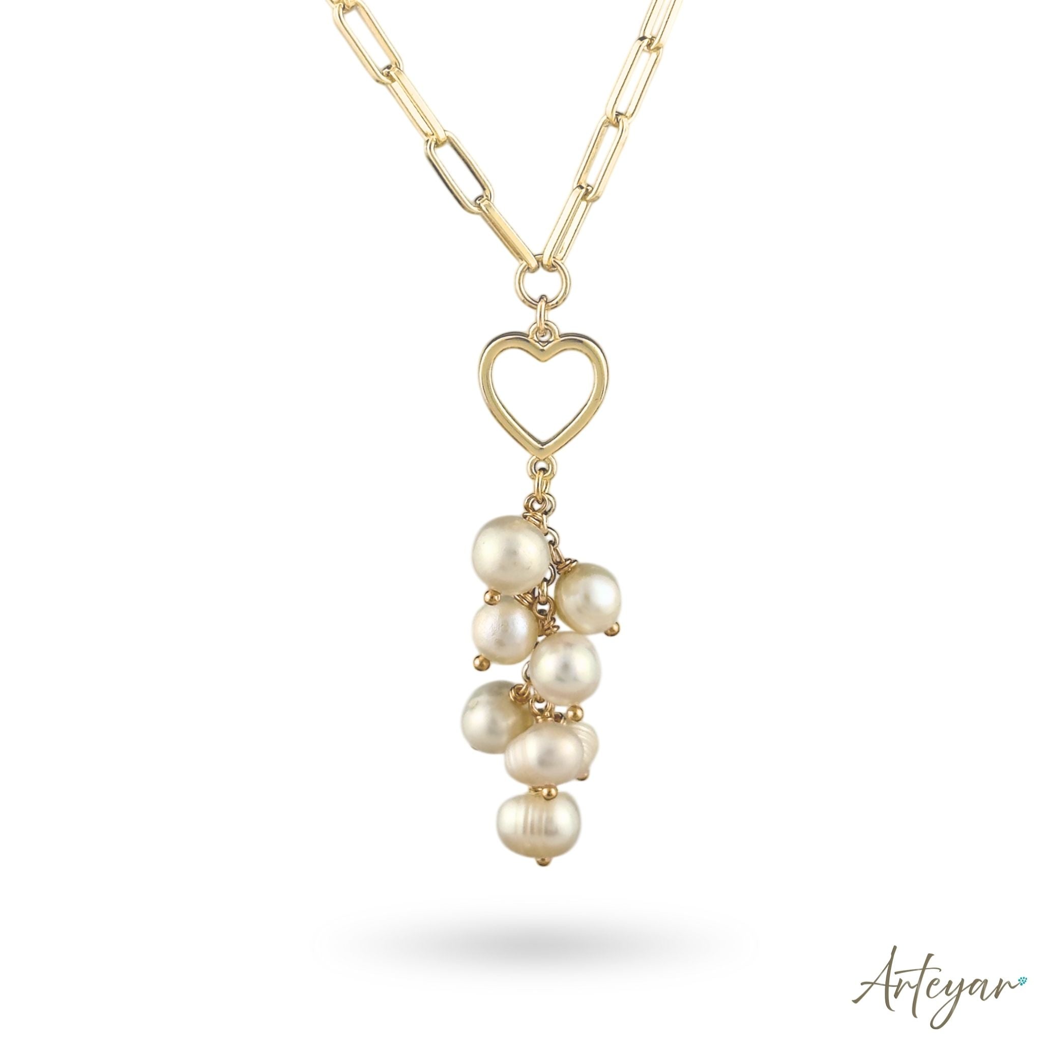 Elegant Golden Paperclip Chain Necklace with an Open-Work Heart Charm and Cascading Freshwater Pearls, Rosee Design by Arteyar, Modern Jewelry with Romantic Sophistication.