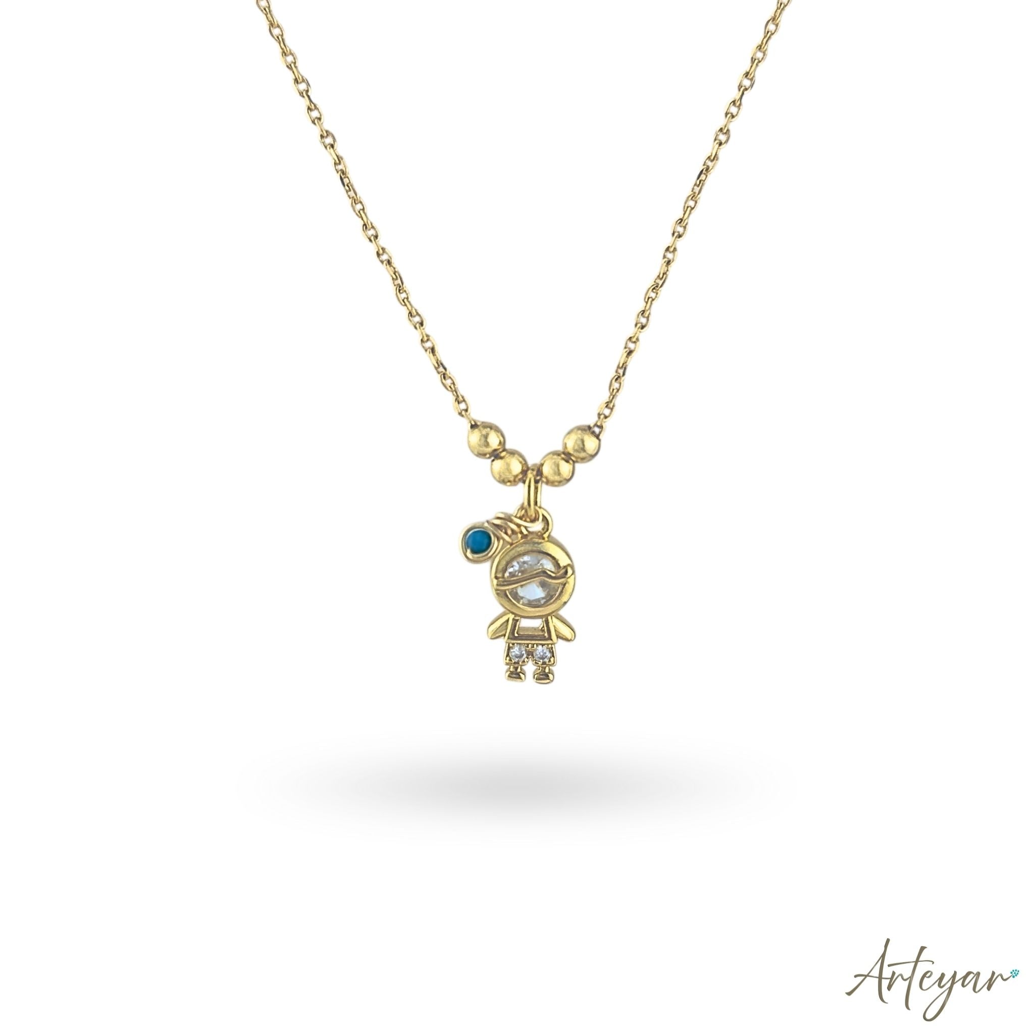 Delicate gold necklace with child-shaped pendant and crystals – Petit by Arteyar