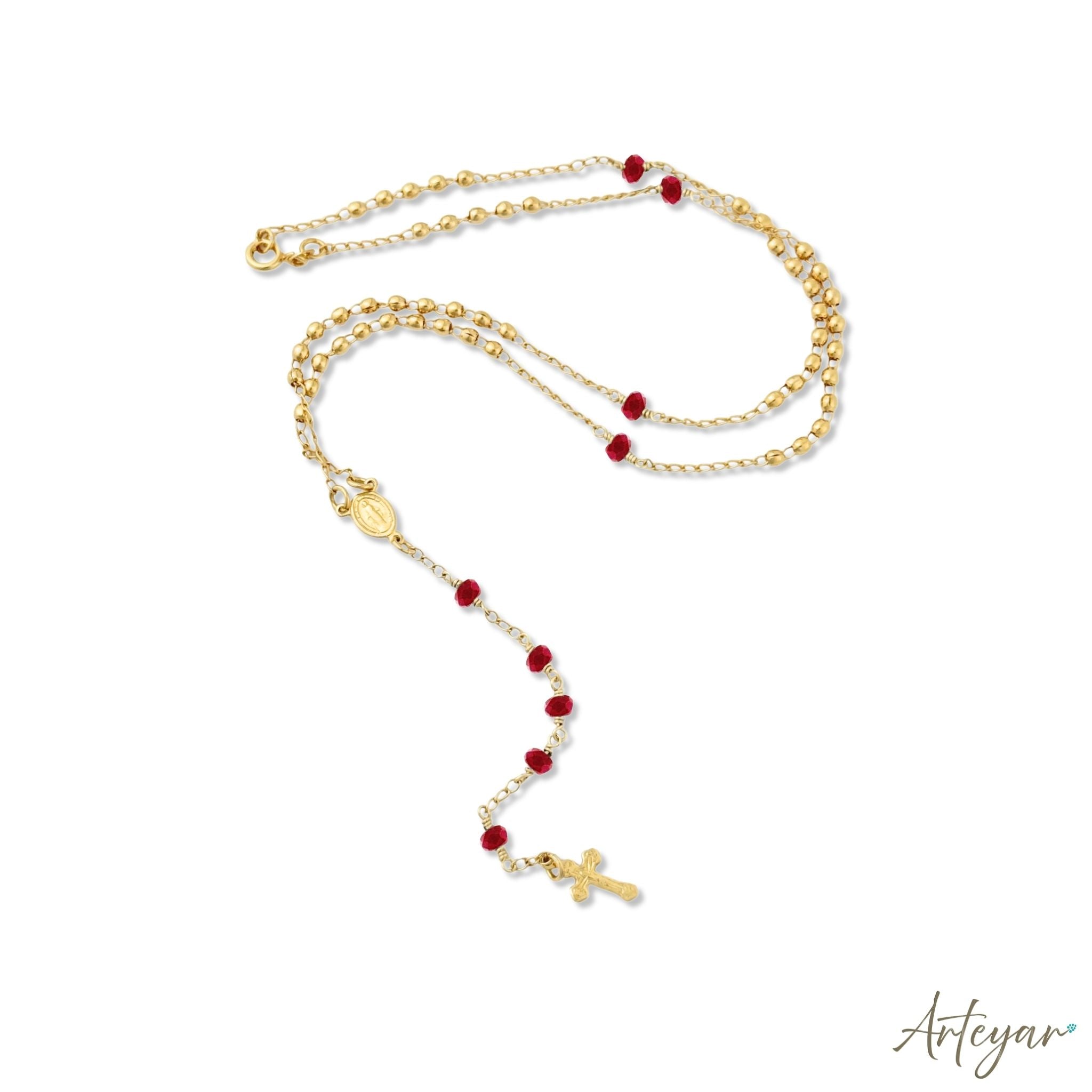 Golden Rosary with Vibrant Red Agate Beads, Gold-Tone Medal, and Cross, Rosary Agate Design by Arteyar, Versatile Spiritual Accessory for Prayer or as Sophisticated Jewelry.