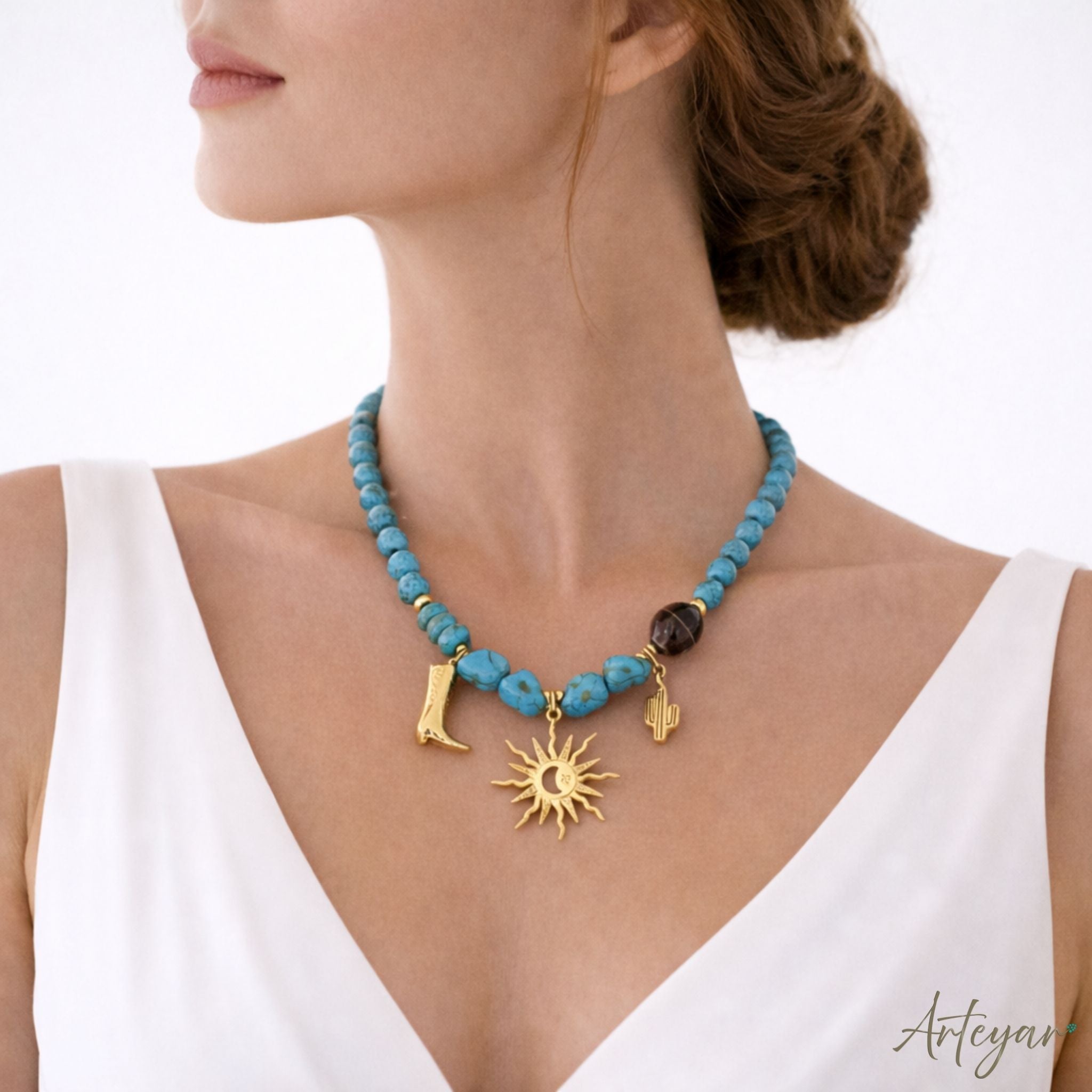 Western-Inspired Turquoise and Gold Necklace with Cowboy Boot, Cactus, and Sun Charms, Wanderlust Design by Arteyar, Bohemian Statement Jewelry for a Free-Spirited Aesthetic.