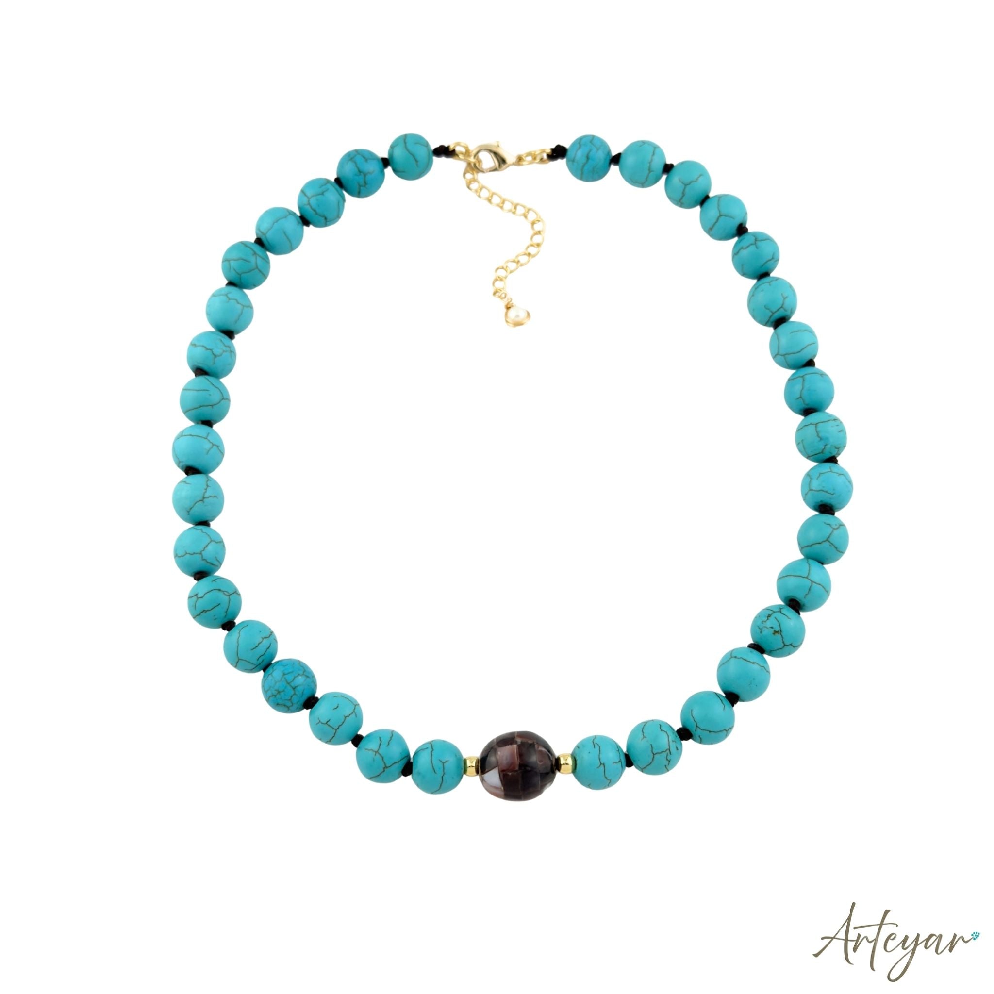 Elegant Hand-Knotted Necklace with Fresh Turquoise Beads and a Striking Pearlescent Stone, Gaia Turquoise Design by Arteyar, Modern Jewelry that Adds Sophisticated Color.