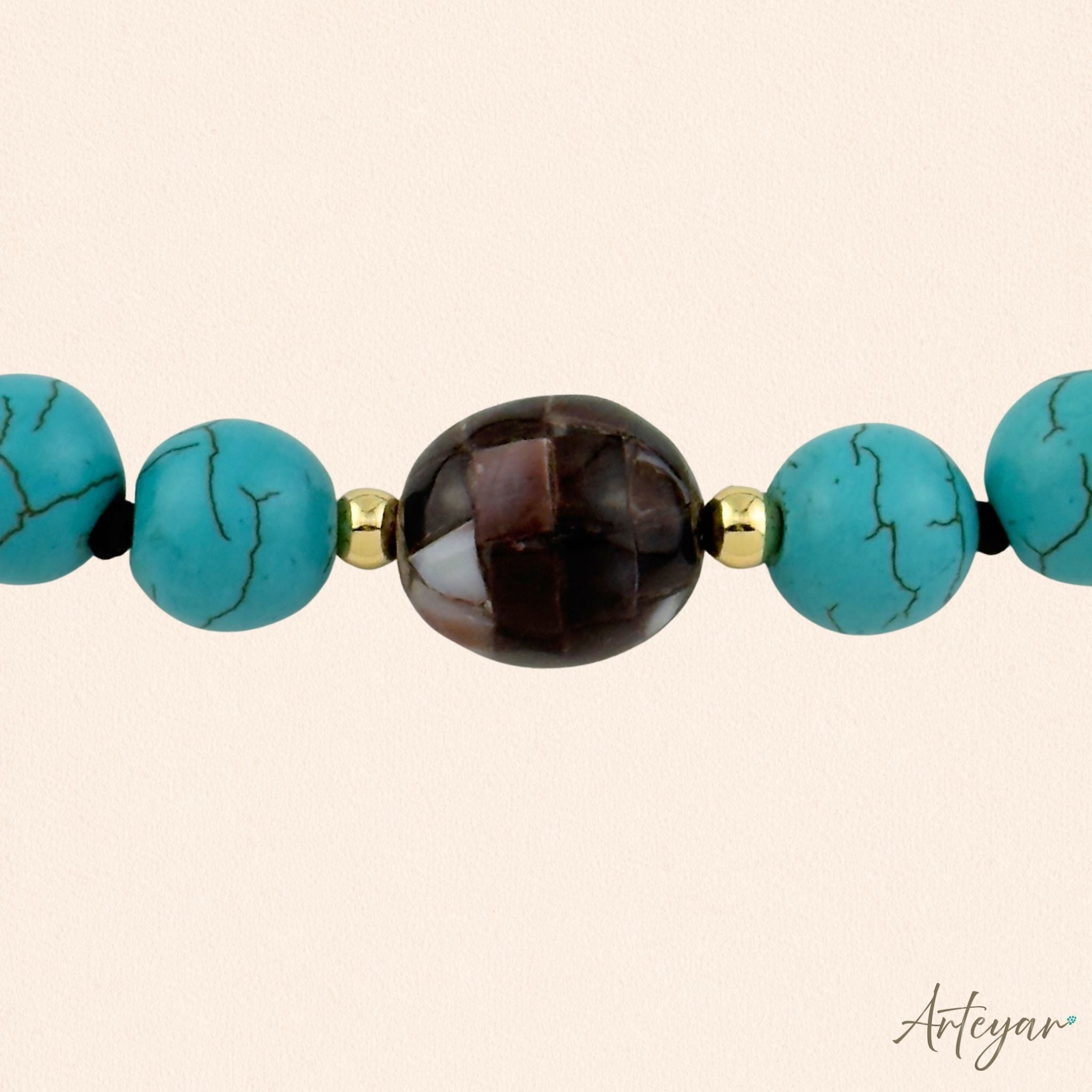 Elegant Hand-Knotted Necklace with Fresh Turquoise Beads and a Striking Pearlescent Stone, Gaia Turquoise Design by Arteyar, Modern Jewelry that Adds Sophisticated Color.
