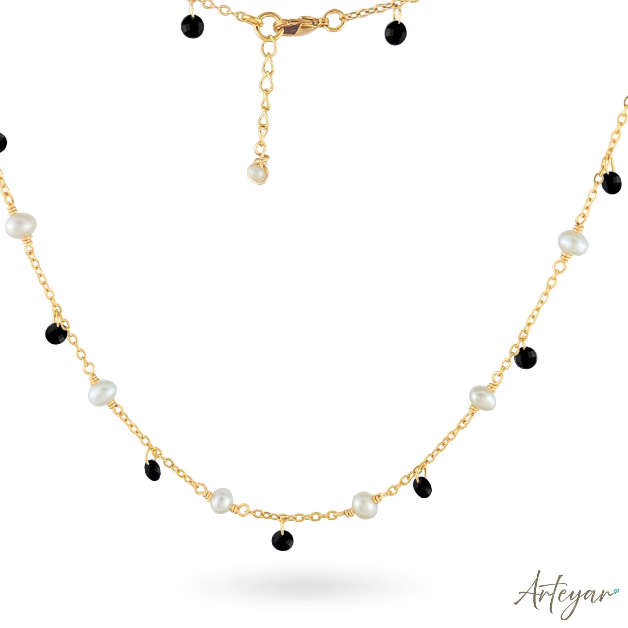 Elegant Golden Chain Necklace with Luminous Pearls and Vibrant Black Crystals, Whisper Necklace - Black Design by Arteyar, Timeless and Minimalist Jewelry Perfect for Layering.