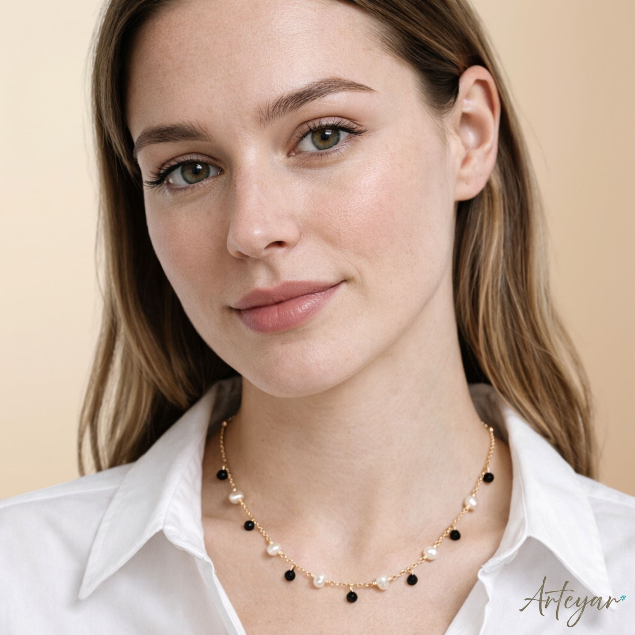 Elegant Golden Chain Necklace with Luminous Pearls and Vibrant Black Crystals, Whisper Necklace - Black Design by Arteyar, Timeless and Minimalist Jewelry Perfect for Layering.