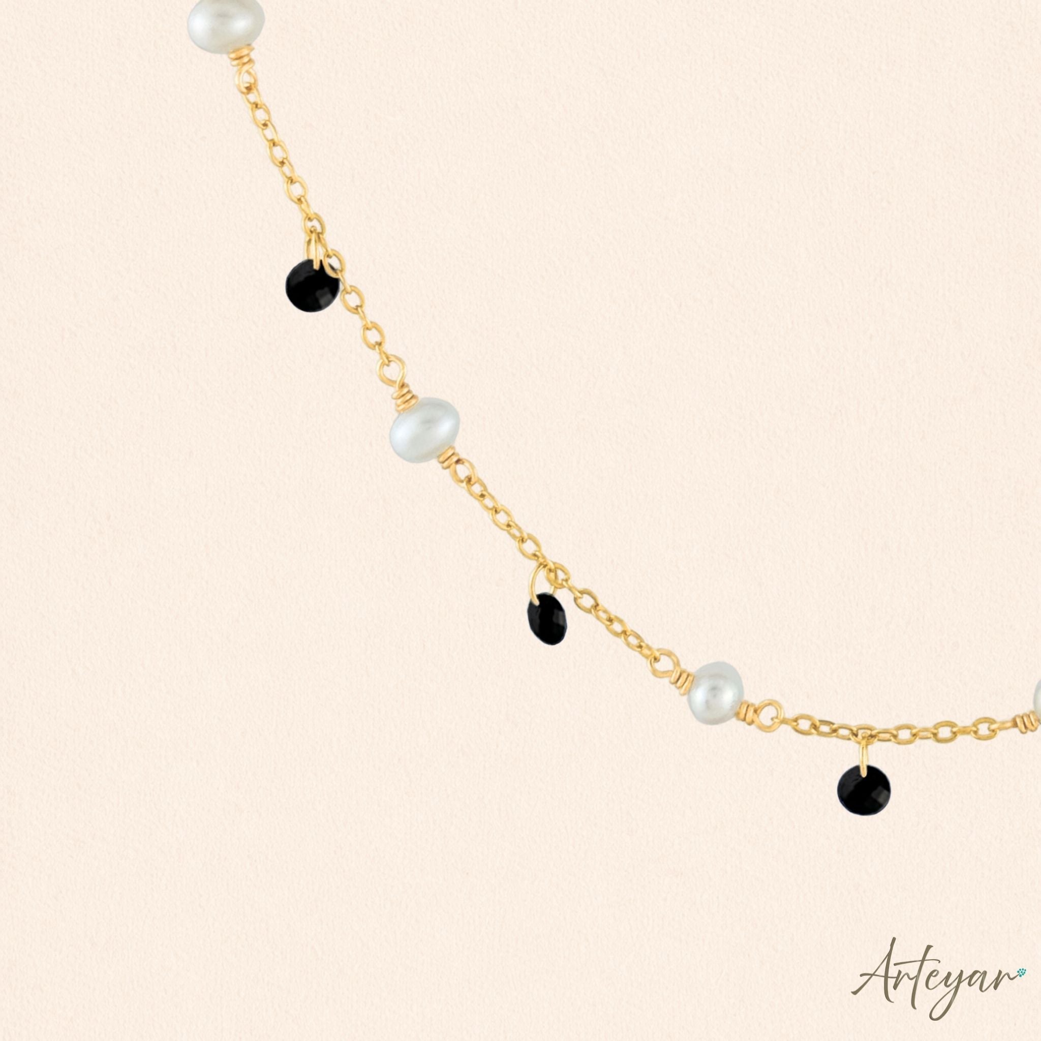Elegant Golden Chain Necklace with Luminous Pearls and Vibrant Black Crystals, Whisper Necklace - Black Design by Arteyar, Timeless and Minimalist Jewelry Perfect for Layering.