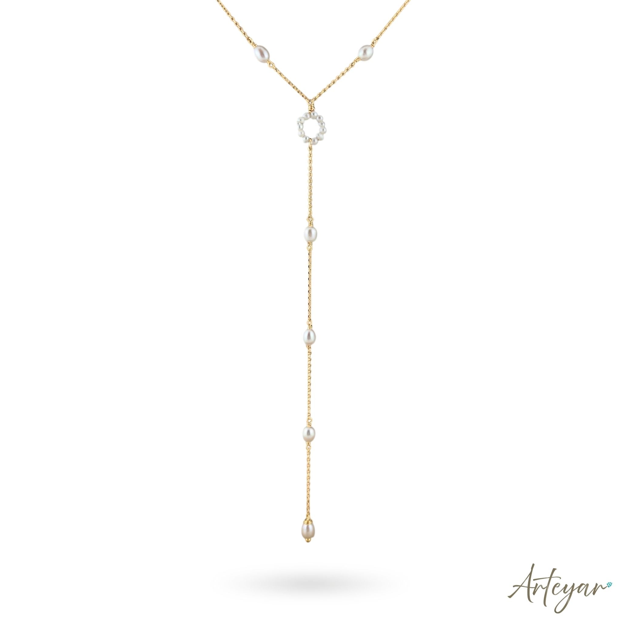 Elegant Golden Lariat Necklace with Freshwater Pearls and a Pearl-Covered Circle Drop, Moonlit Design by Arteyar, Romantic and Sophisticated Jewelry with Ethereal Elegance.