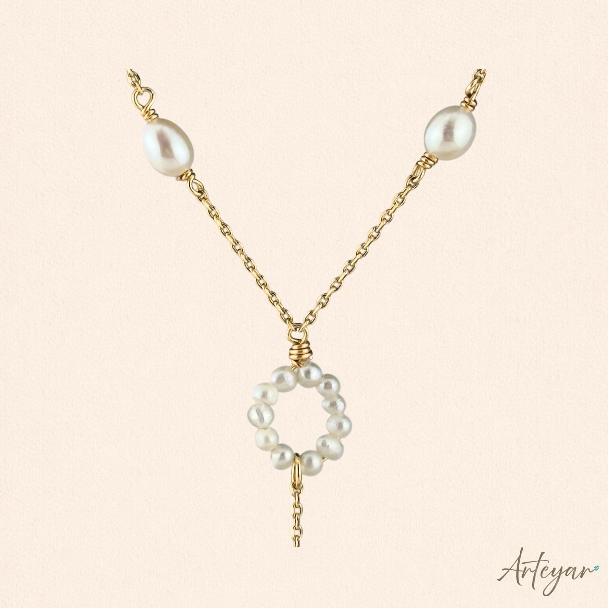 Elegant Golden Lariat Necklace with Freshwater Pearls and a Pearl-Covered Circle Drop, Moonlit Design by Arteyar, Romantic and Sophisticated Jewelry with Ethereal Elegance.
