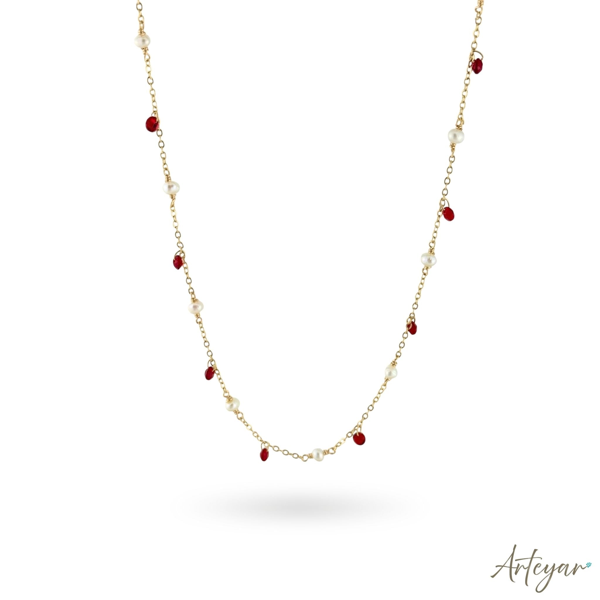 Elegant Golden Chain Necklace with Luminous Pearls and Vibrant Red Crystals, Whisper Necklace - Red Design by Arteyar, Timeless and Minimalist Jewelry Perfect for Layering.