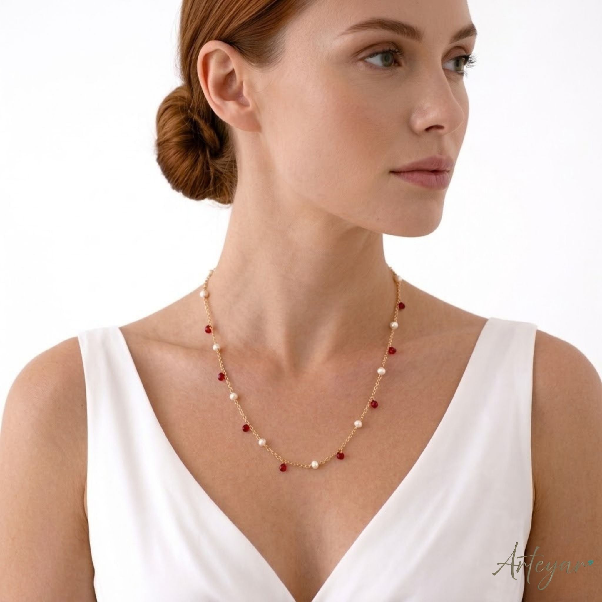 Elegant Golden Chain Necklace with Luminous Pearls and Vibrant Red Crystals, Whisper Necklace - Red Design by Arteyar, Timeless and Minimalist Jewelry Perfect for Layering.