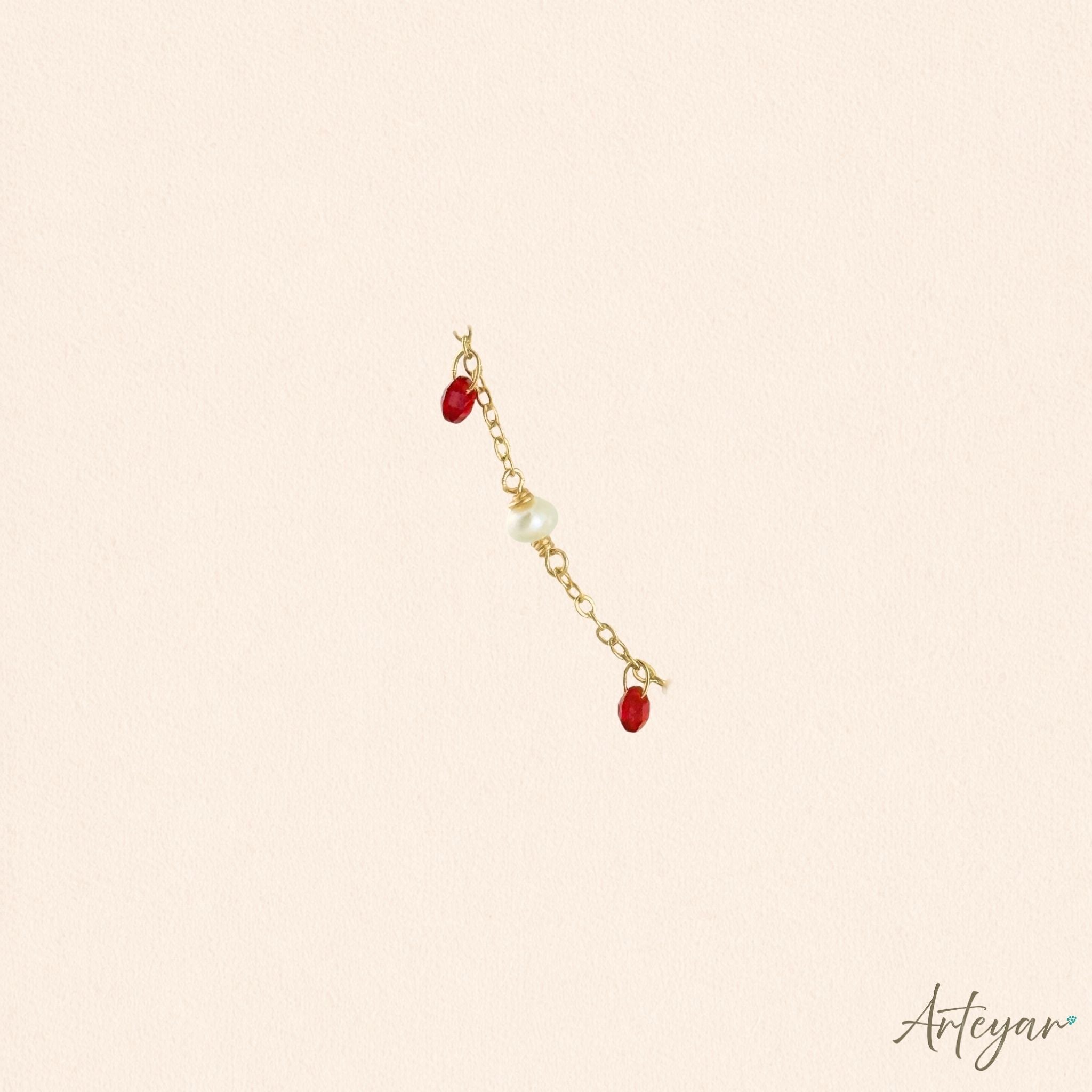 Elegant Golden Chain Necklace with Luminous Pearls and Vibrant Red Crystals, Whisper Necklace - Red Design by Arteyar, Timeless and Minimalist Jewelry Perfect for Layering.