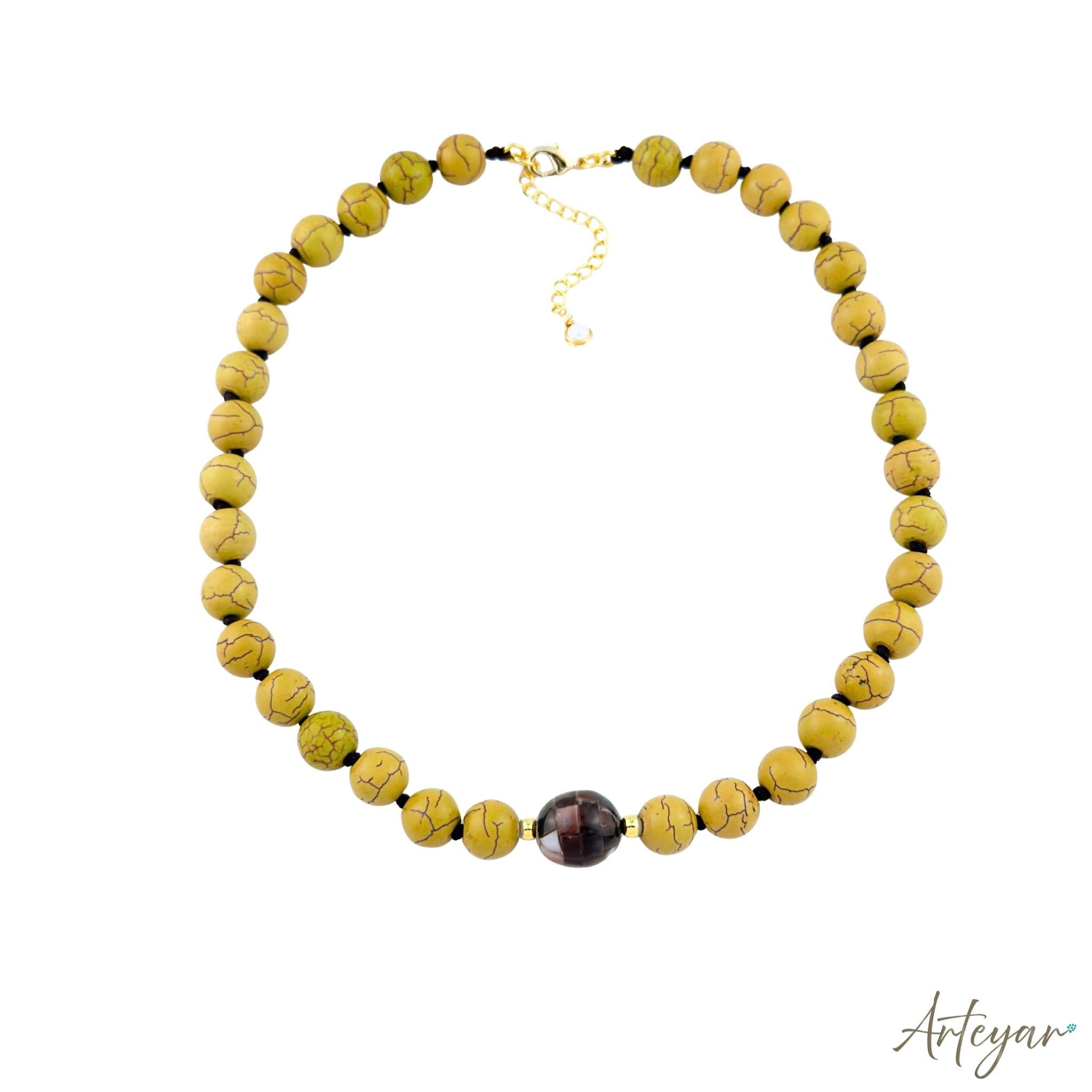 Elegant Hand-Knotted Necklace with Vibrant Yellow Howlite Beads and a Pearlescent Centerpiece, Gaia Yellow Design by Arteyar, Modern Jewelry that Adds Sophisticated Color.