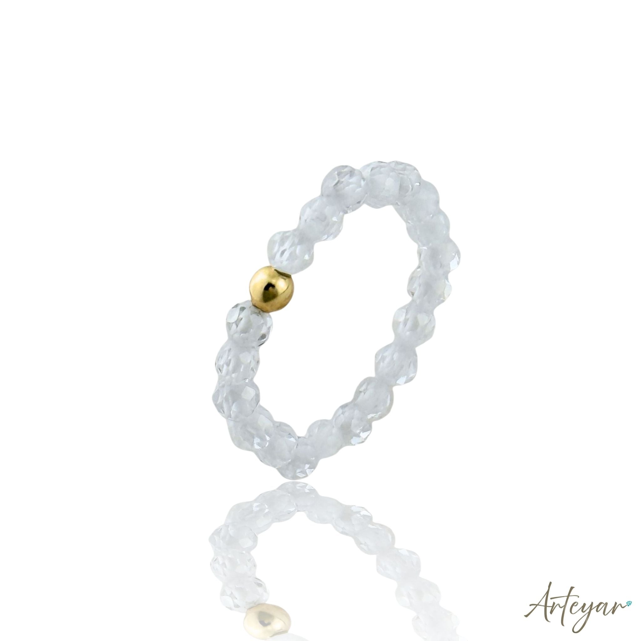 Elegant ring with transparent faceted crystal and gold bead – Luce Crystal by Arteyar.