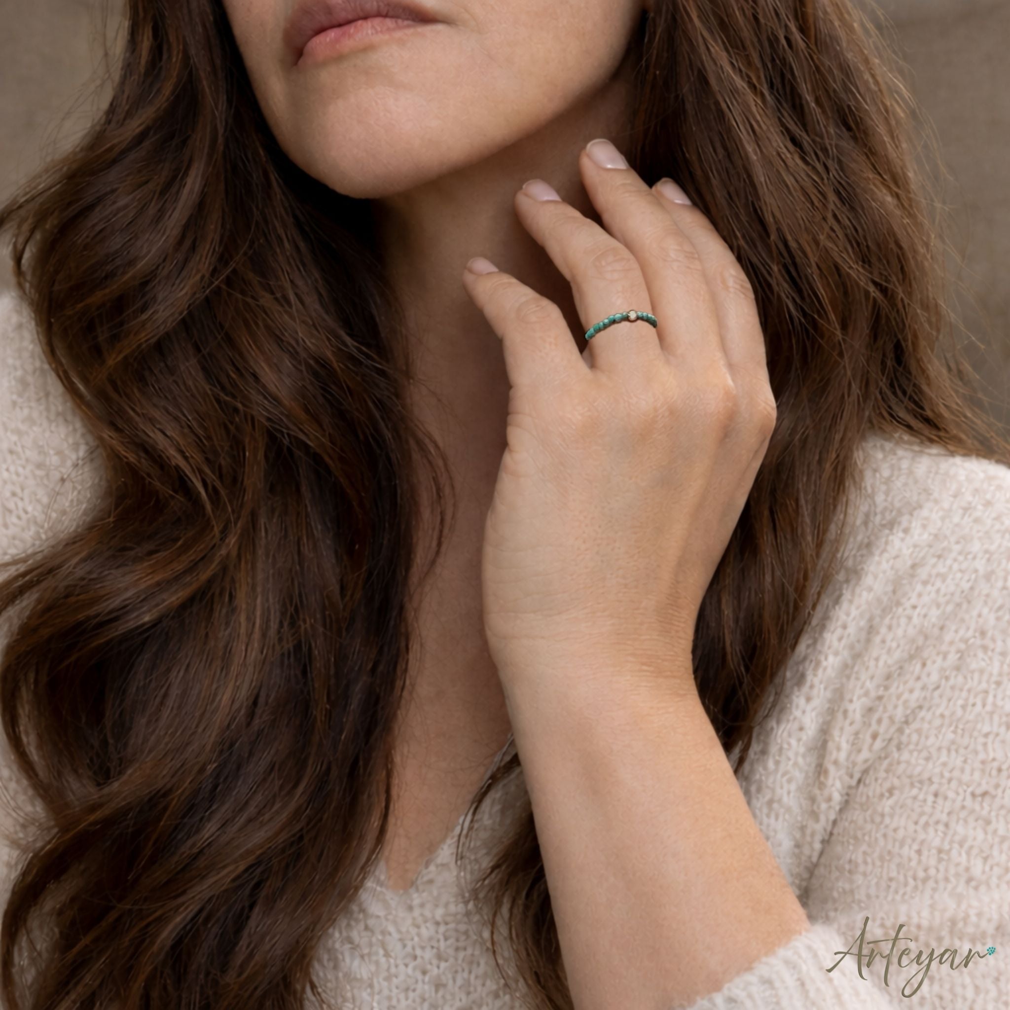 Gold Ring with Turquoise Beads and Golden Ball for Women, Luce Green Turquoisa Design by Arteyar, Minimalist Elegant Jewelry, Perfect for Daily Vibrant Style.