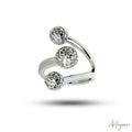 Sleek Silver Ring with a Modern Curved Design and Three Crystal-Adorned Spheres, Trío Design by Arteyar, Minimalist and Sophisticated Contemporary Jewelry, a Unique Statement Piece for Everyday Luxury.