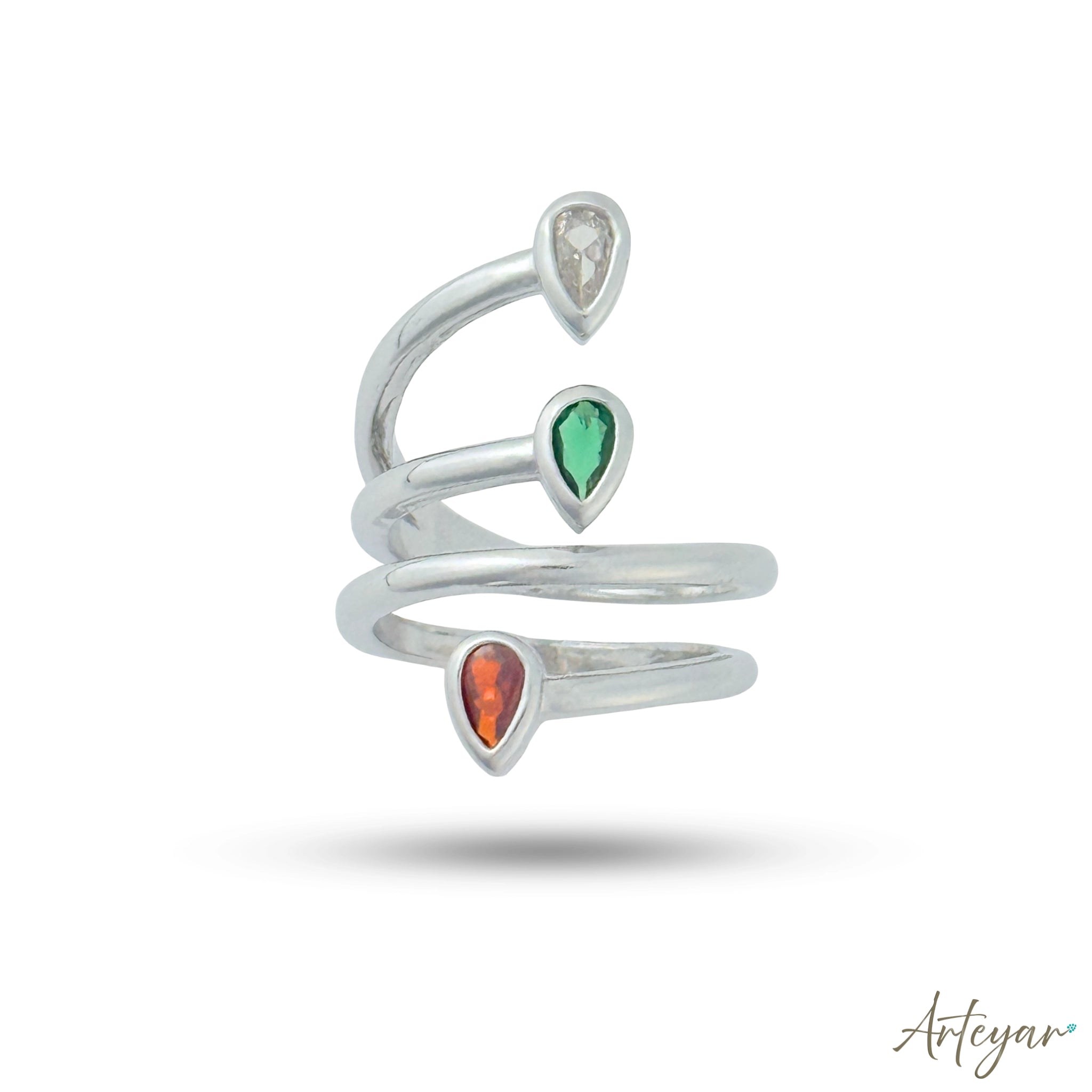 Tears Silver Ring with Multicolor Tear-Shaped Stones on Curved Band for Women, Arteyar Design, Dynamic and Modern Jewelry.
